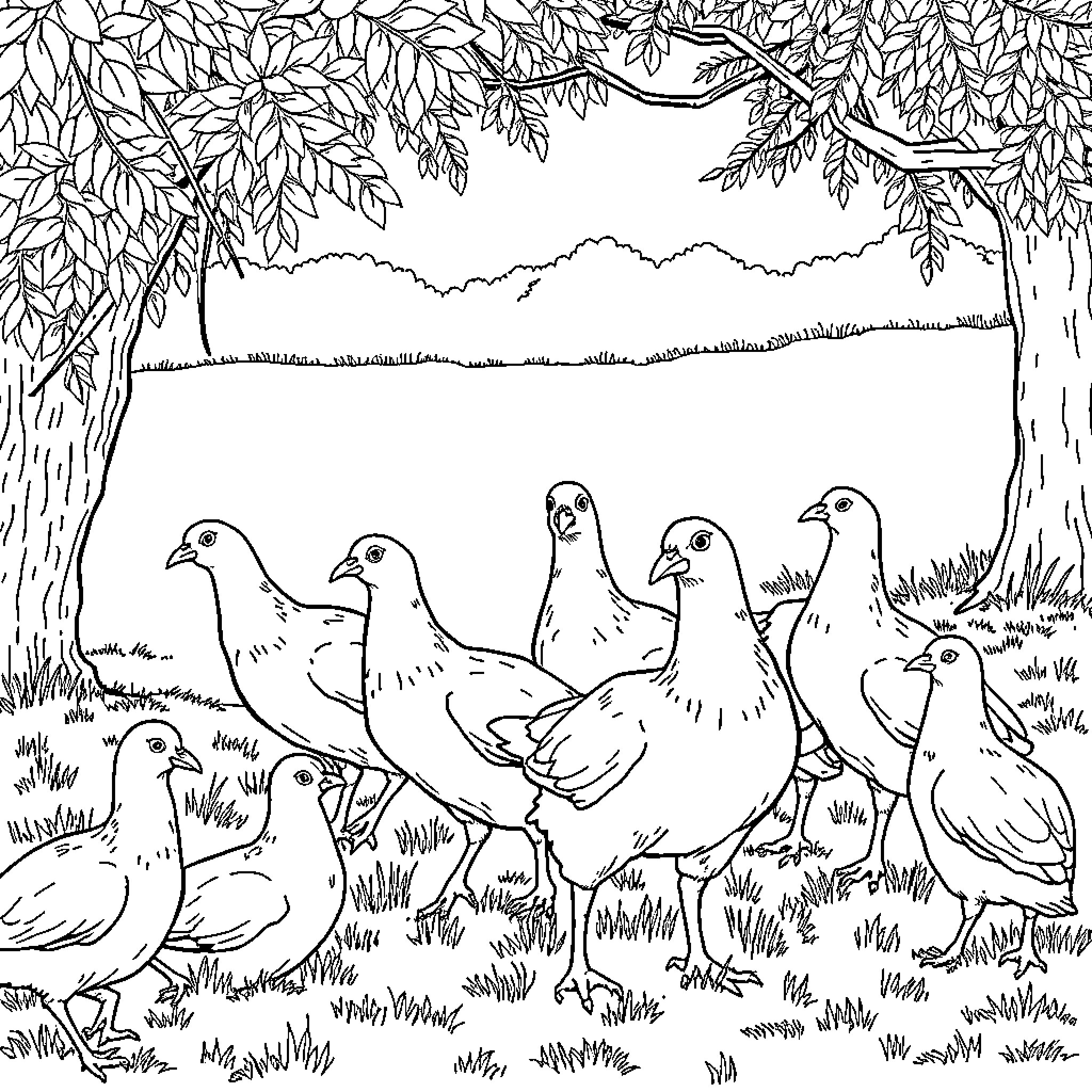 Sheep gathering in a peaceful countryside scene Coloring Page (free black-and-white line drawing printable PDF for all, from beginners to advanced learners, including children, teens, adults, and seniors)