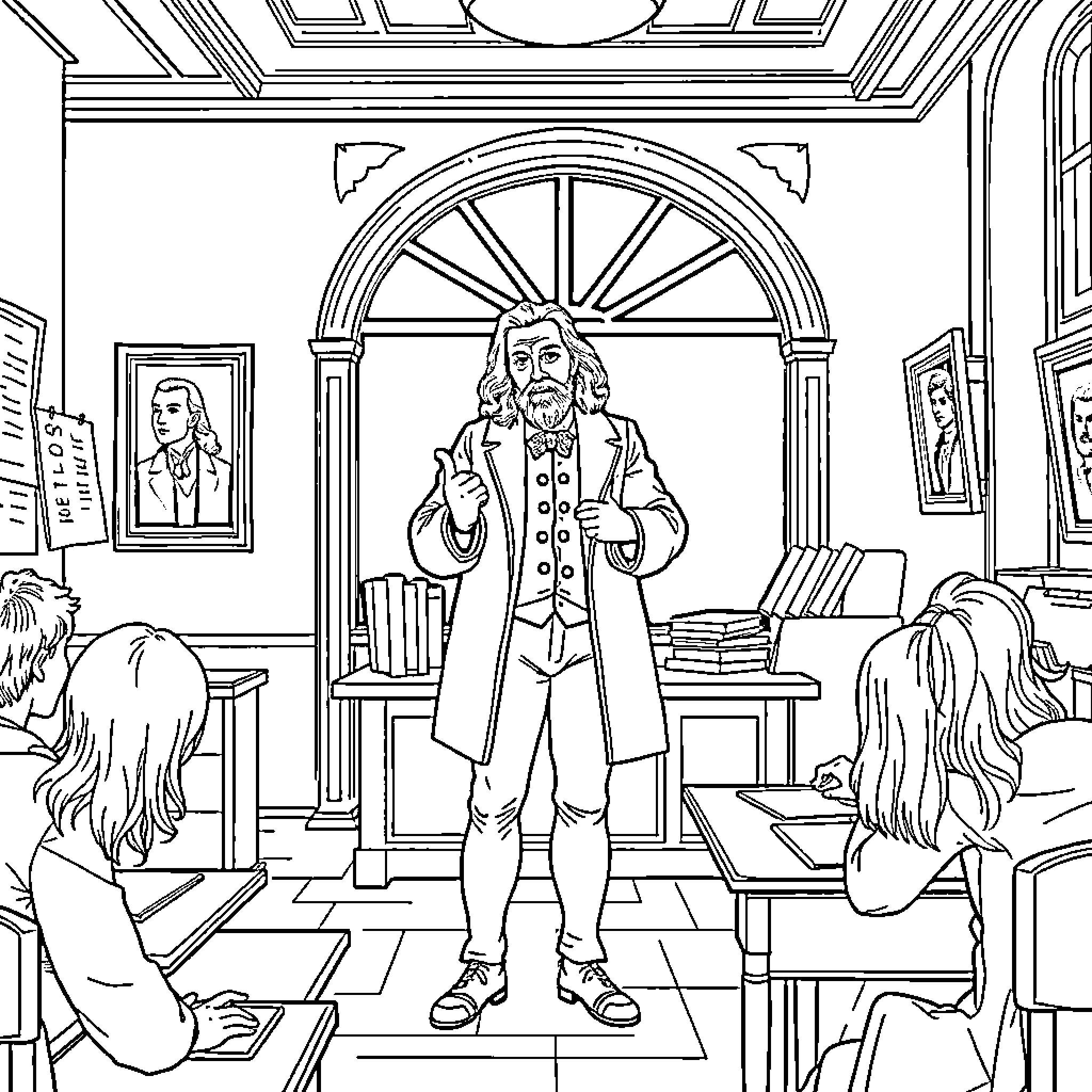 Adam Smith lecturing students in a classroom Coloring Page (free black-and-white line drawing printable PDF for all, from beginners to advanced learners, including children, teens, adults, and seniors)