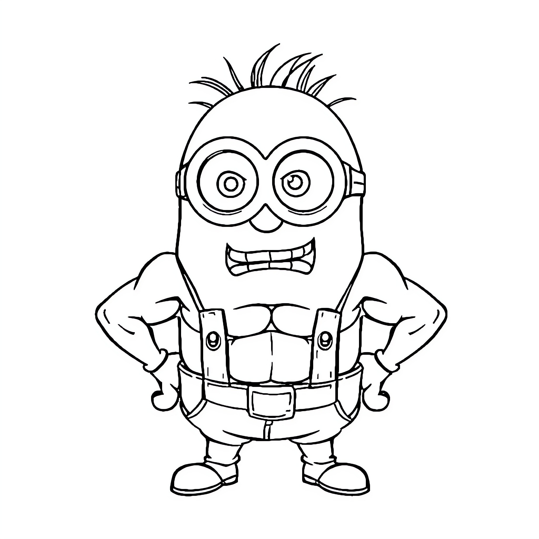 Minion posing with muscular arms and excited expression Coloring Page (free black-and-white line drawing printable PDF for all, from beginners to advanced learners, including children, teens, adults, and seniors)
