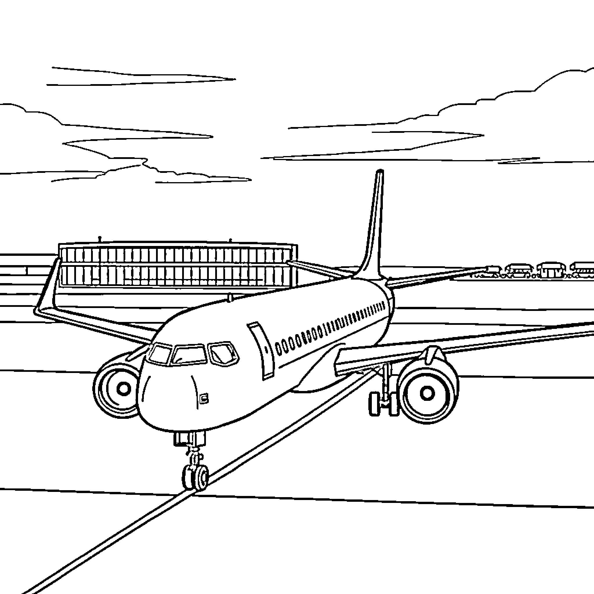 Airplane taking off from airport runway Coloring Page (free black-and-white line drawing printable PDF for all, from beginners to advanced learners, including children, teens, adults, and seniors)
