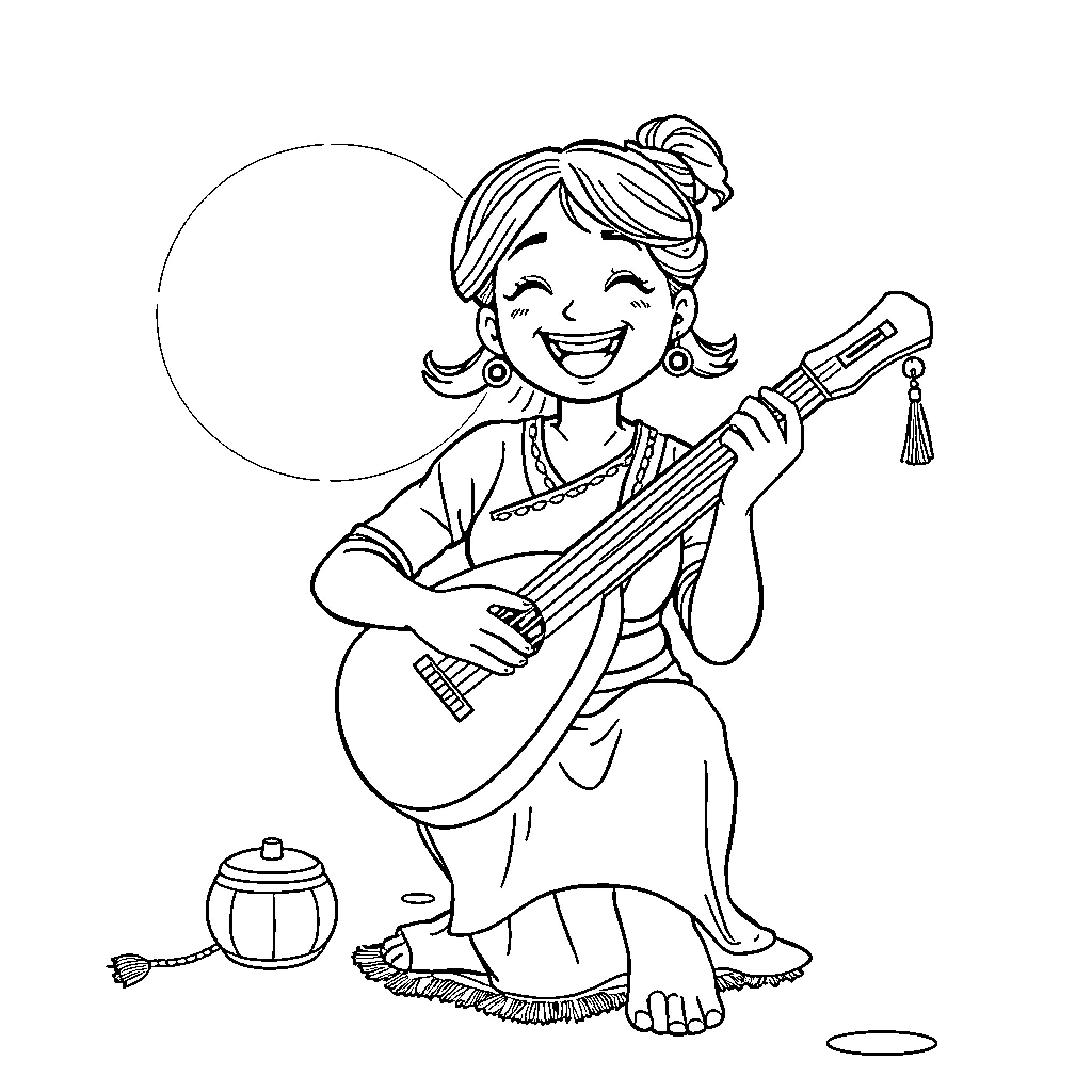 Frieren playing guitar with a joyful expression Coloring Page (free black-and-white line drawing printable PDF for all, from beginners to advanced learners, including children, teens, adults, and seniors)