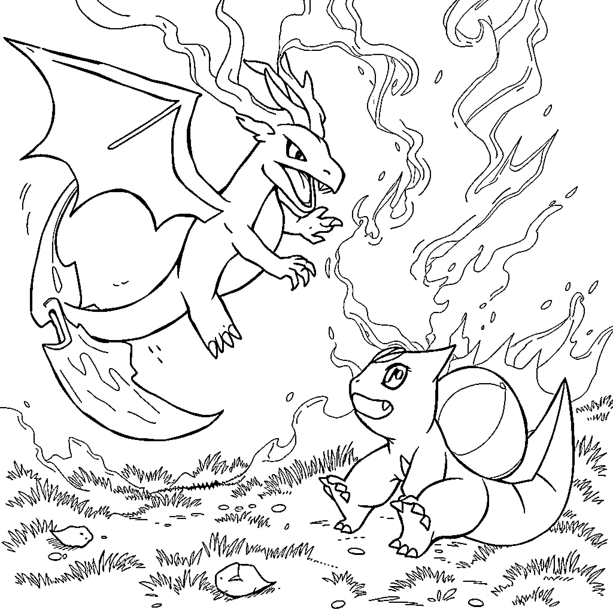Charizard battling a determined Charmander Coloring Page (free black-and-white line drawing printable PDF for all, from beginners to advanced learners, including children, teens, adults, and seniors)