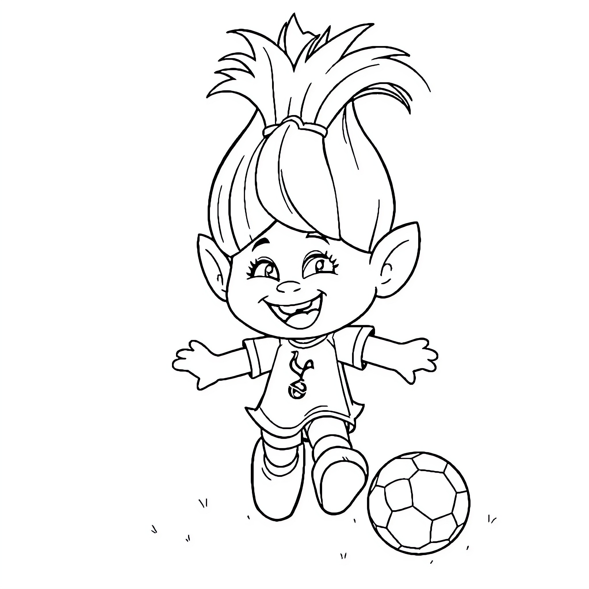 Princess Troll Playing with Soccer Ball Coloring Page (free black-and-white line drawing printable PDF for all, from beginners to advanced learners, including children, teens, adults, and seniors)