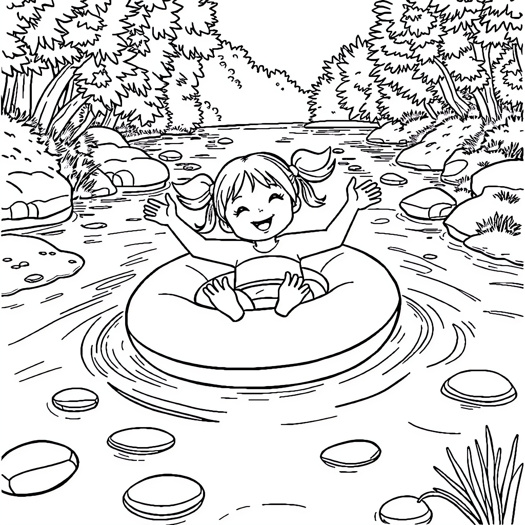 Girl playing happily in the river Coloring Page (free black-and-white line drawing printable PDF for all, from beginners to advanced learners, including children, teens, adults, and seniors)