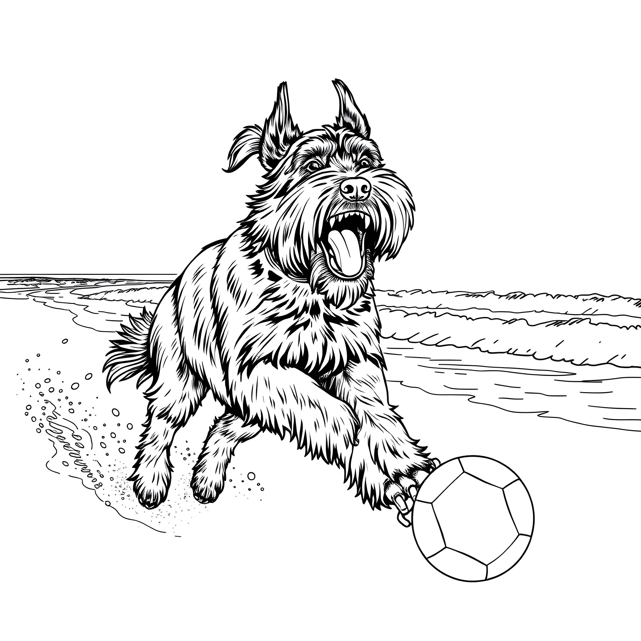 Giant Schnauzer joyfully playing with ball on the beach Coloring Page (free black-and-white line drawing printable PDF for all, from beginners to advanced learners, including children, teens, adults, and seniors)