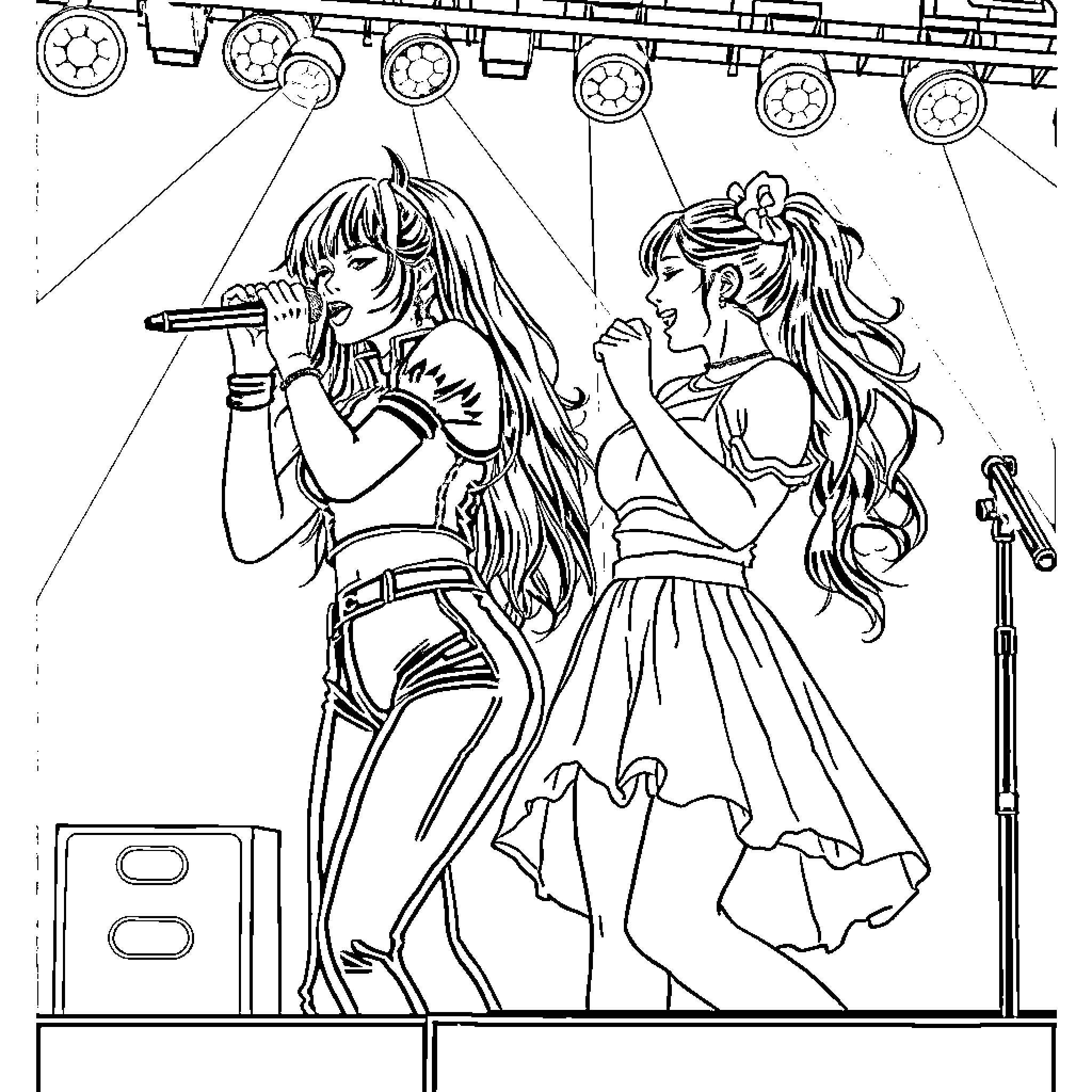 Mira and friend performing on stage Coloring Page (free black-and-white line drawing printable PDF for all, from beginners to advanced learners, including children, teens, adults, and seniors)
