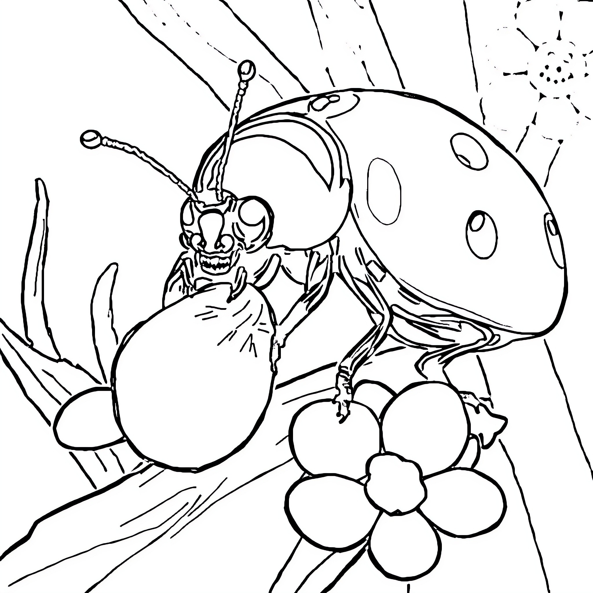 Coccinelle exploring whimsical floral landscape Coloring Page (free black-and-white line drawing printable PDF for all, from beginners to advanced learners, including children, teens, adults, and seniors)