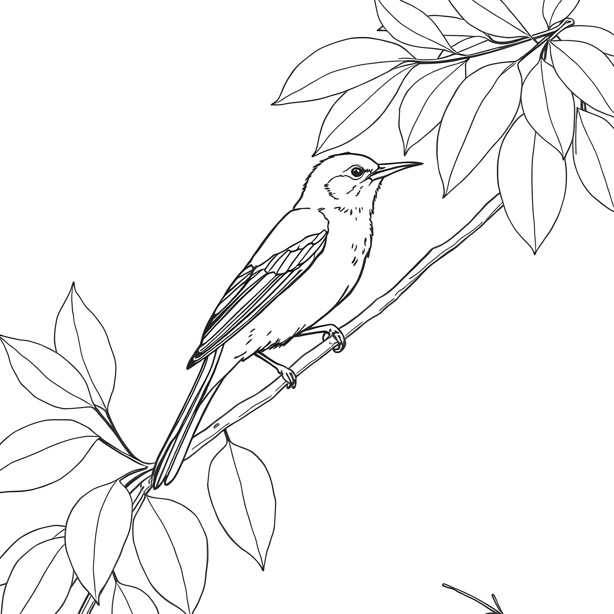 Golden Oriole perched on a branch Coloring Page (free black-and-white line drawing printable PDF for all, from beginners to advanced learners, including children, teens, adults, and seniors)