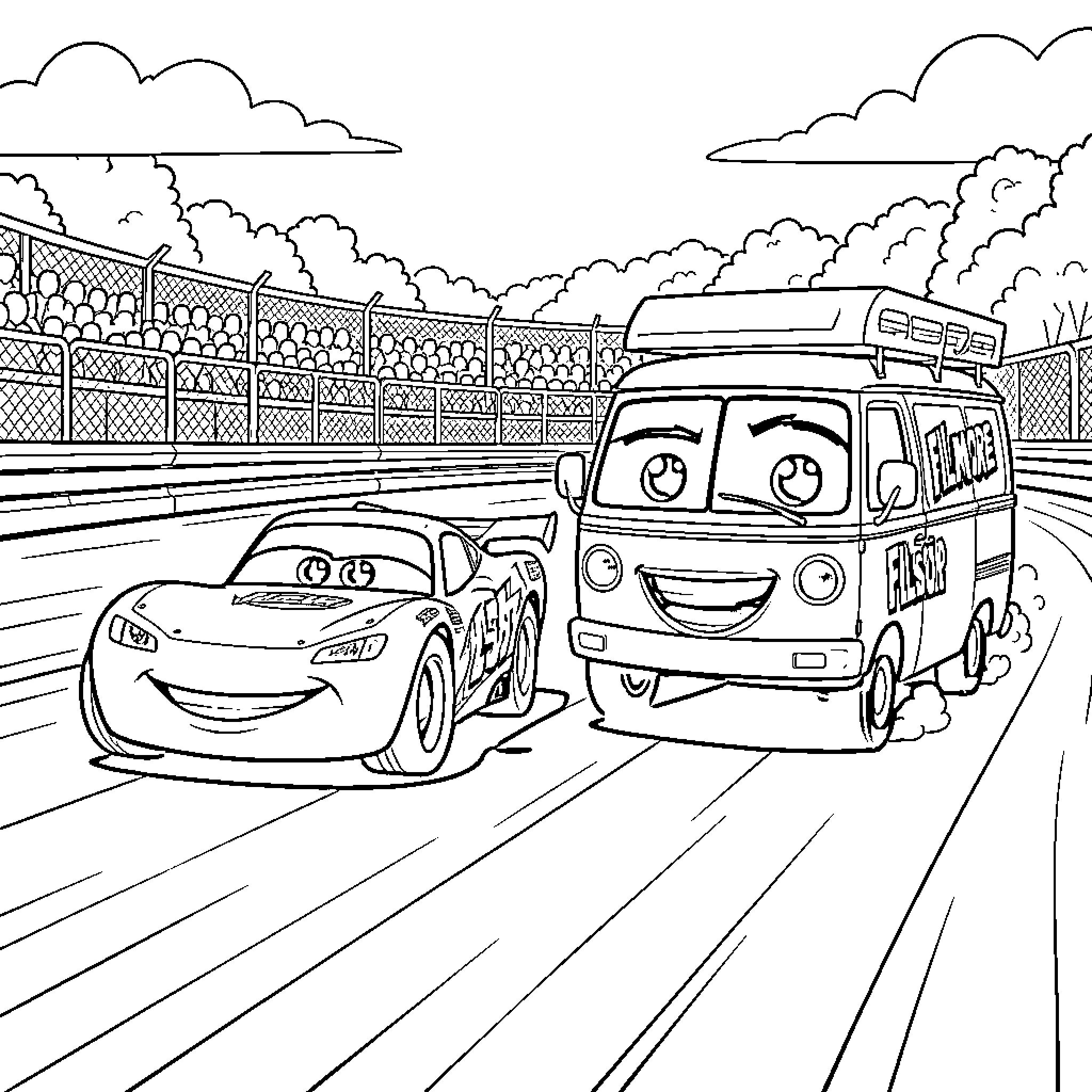 Flash McQueen racing alongside a friendly van Coloring Page (free black-and-white line drawing printable PDF for all, from beginners to advanced learners, including children, teens, adults, and seniors)