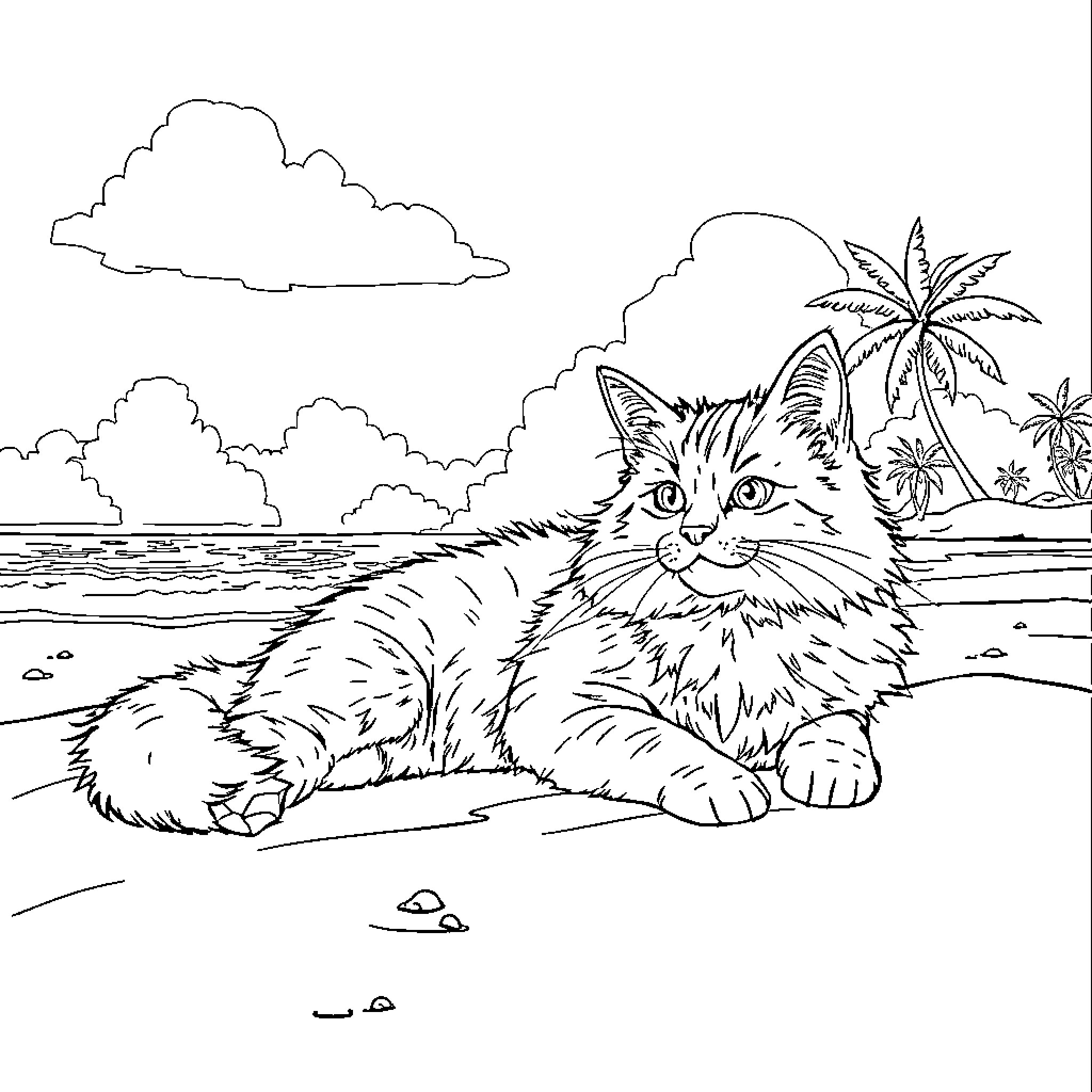 Cat relaxing on a tropical beach Coloring Page (free black-and-white line drawing printable PDF for all, from beginners to advanced learners, including children, teens, adults, and seniors)