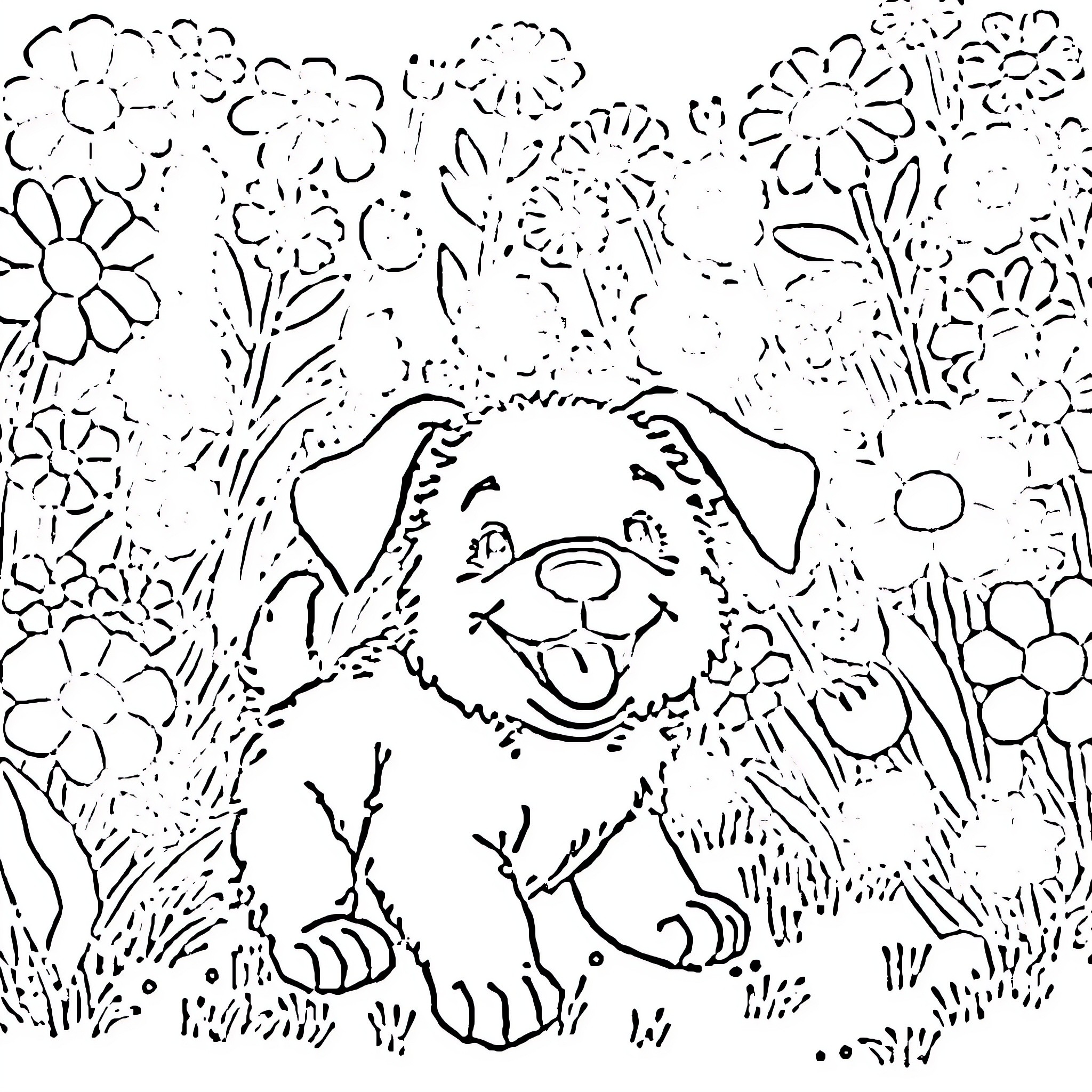 Puppy playing in the floral garden Coloring Page (free black-and-white line drawing printable PDF for all, from beginners to advanced learners, including children, teens, adults, and seniors)