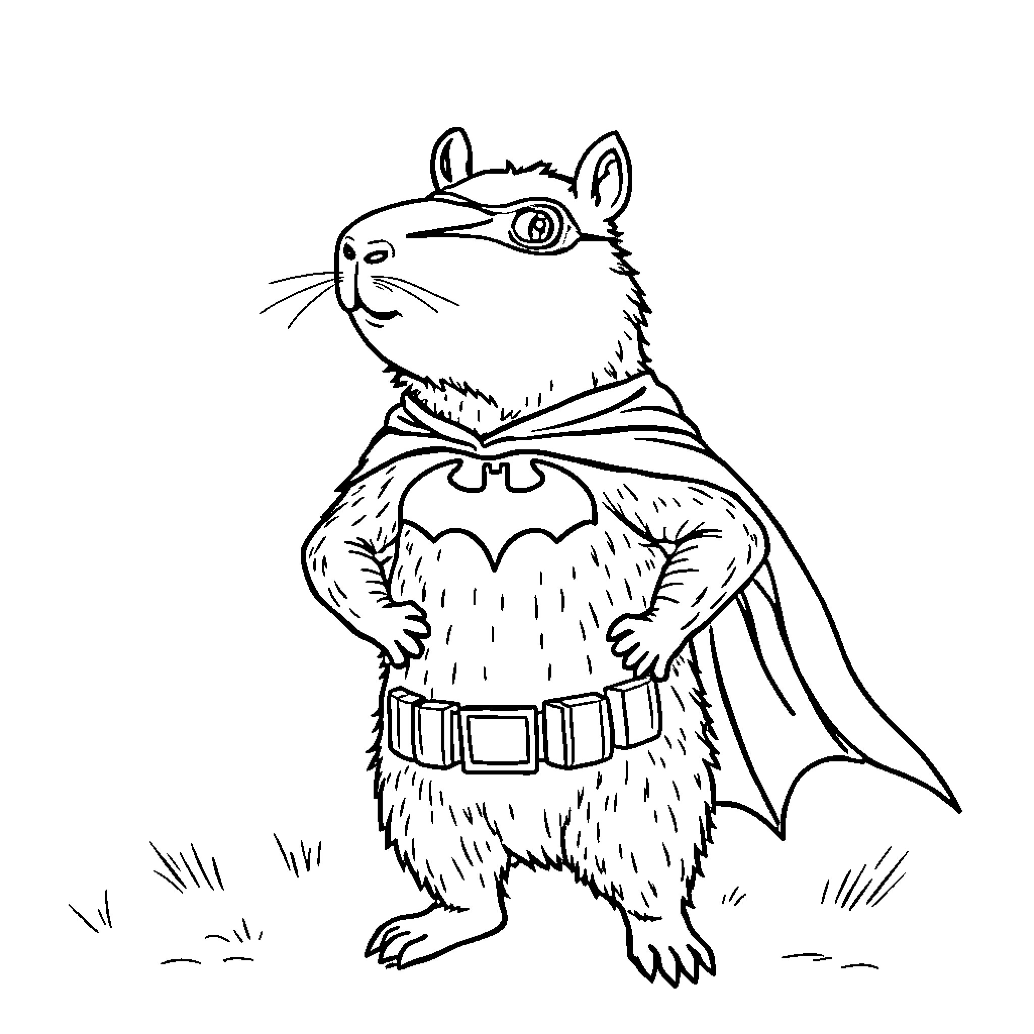 Capybara dressed as a superhero Coloring Page (free black-and-white line drawing printable PDF for all, from beginners to advanced learners, including children, teens, adults, and seniors)