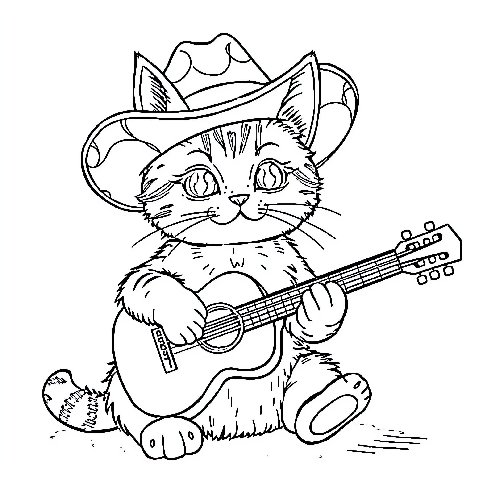 Cat with guitar wearing cowboy hat Coloring Page (free black-and-white line drawing printable PDF for all, from beginners to advanced learners, including children, teens, adults, and seniors)