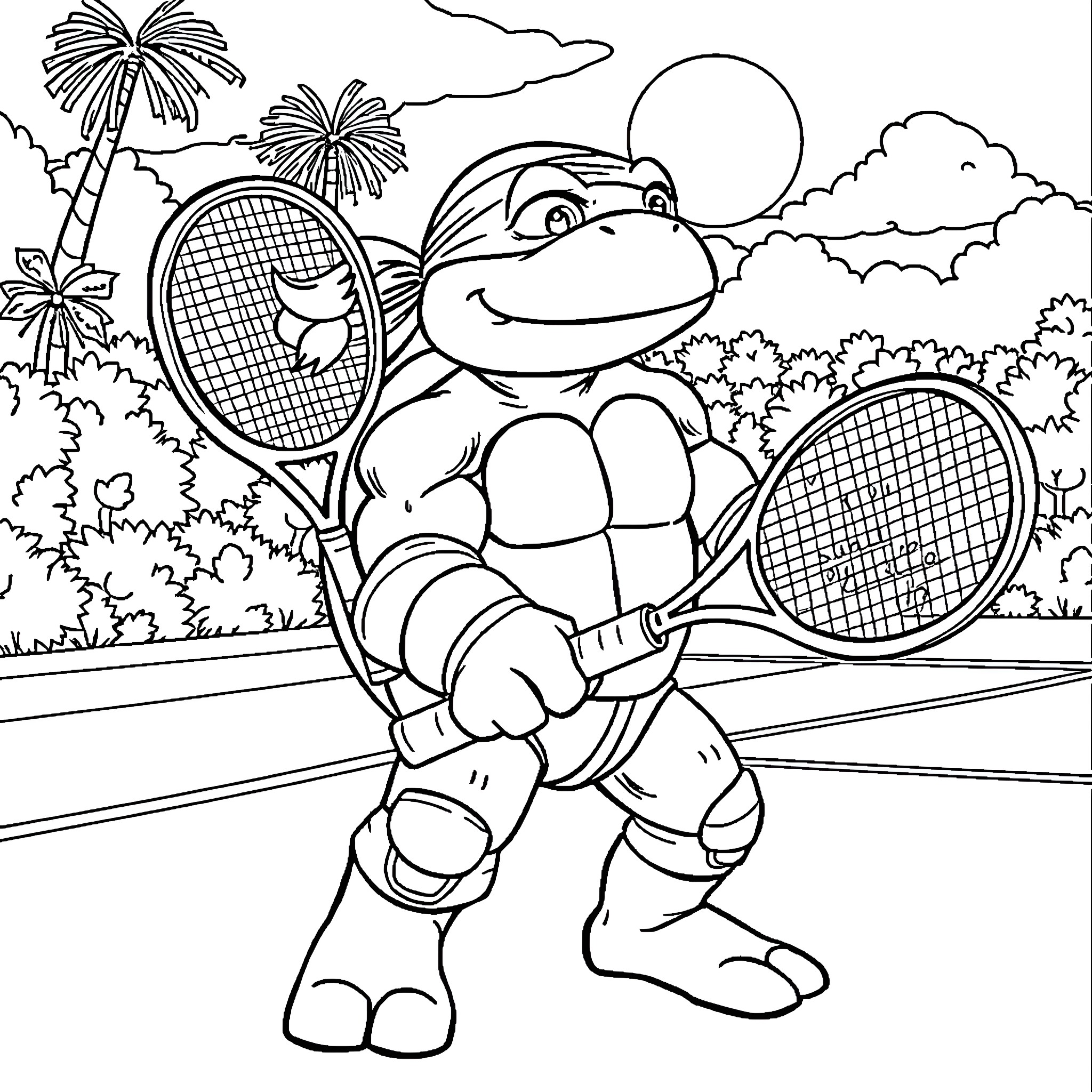 Teenage Mutant Ninja Turtle playing tennis on the court Coloring Page (free black-and-white line drawing printable PDF for all, from beginners to advanced learners, including children, teens, adults, and seniors)