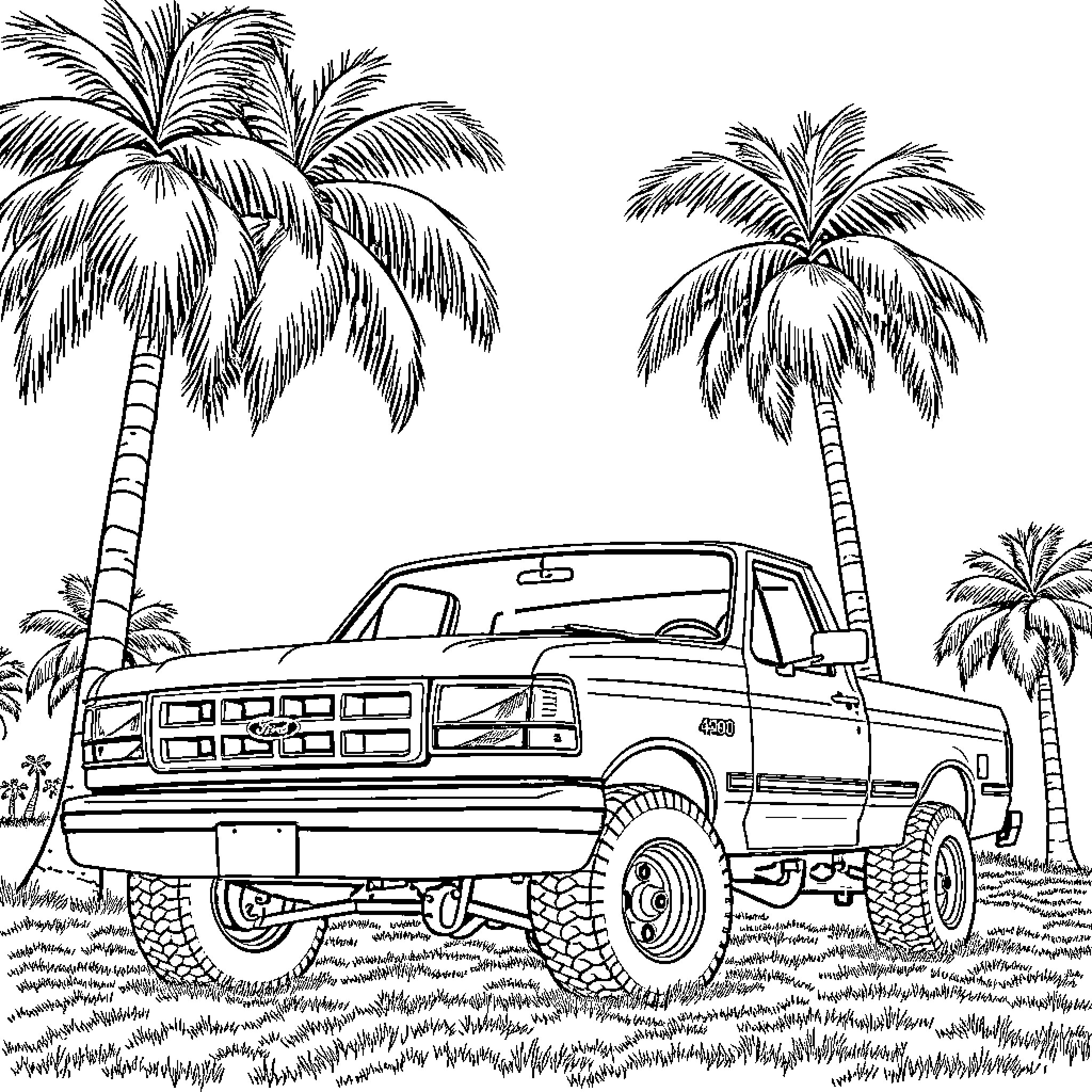 Truck parked amidst tropical palm trees Coloring Page (free black-and-white line drawing printable PDF for all, from beginners to advanced learners, including children, teens, adults, and seniors)