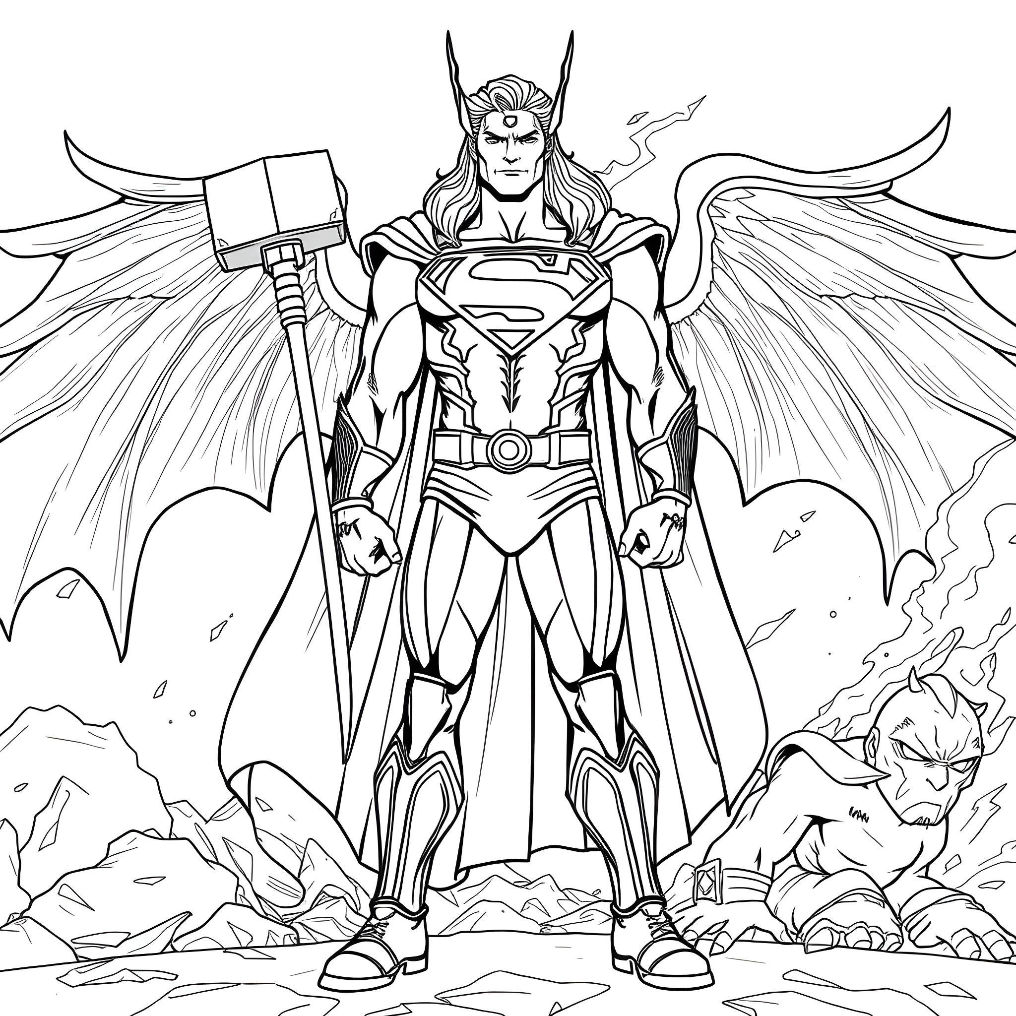 Amalgamation of a Mighty Superhero's Heroic Stance Coloring Page (free black-and-white line drawing printable PDF for all, from beginners to advanced learners, including children, teens, adults, and seniors)