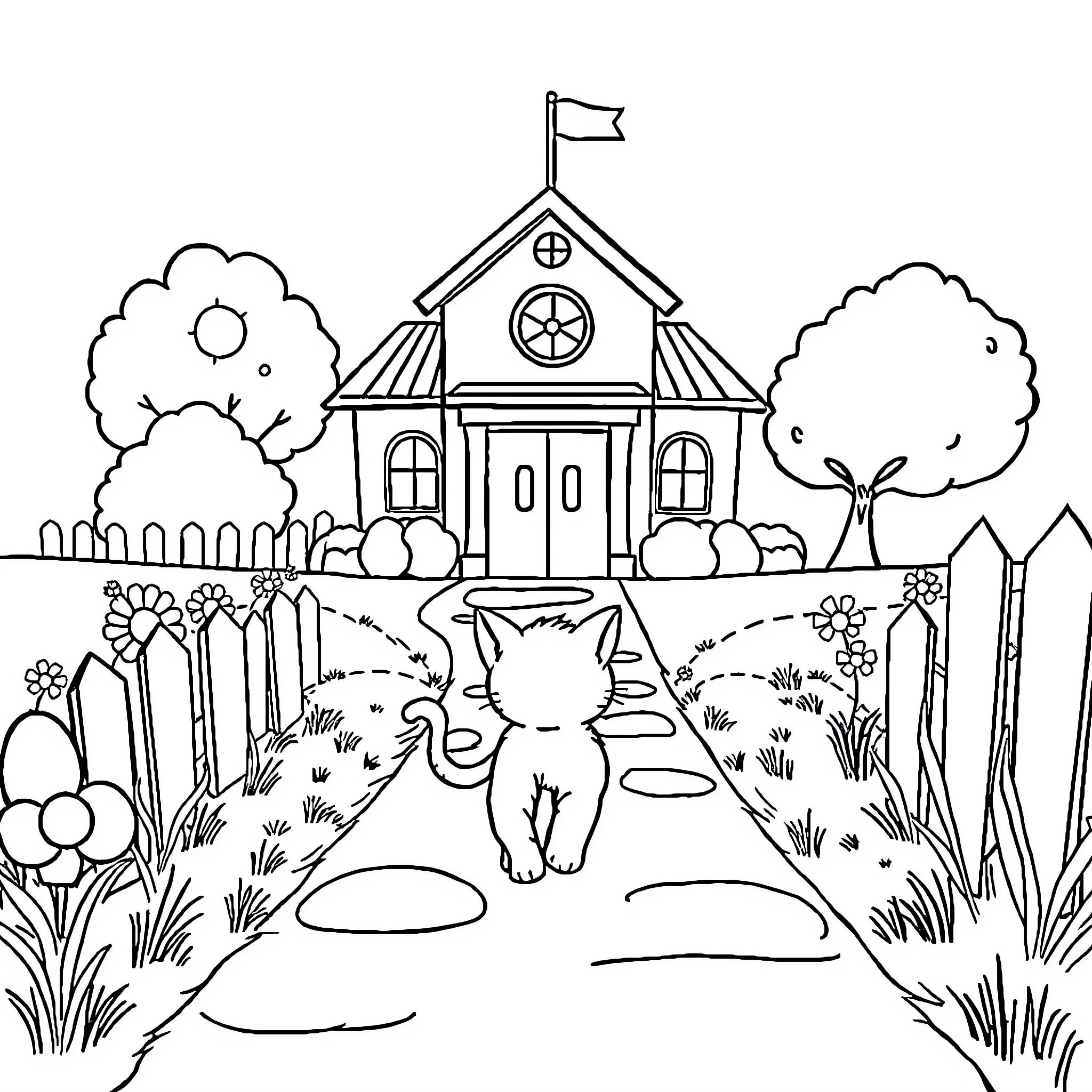 Kitty exploring a cozy cottage in the garden Coloring Page (free black-and-white line drawing printable PDF for all, from beginners to advanced learners, including children, teens, adults, and seniors)