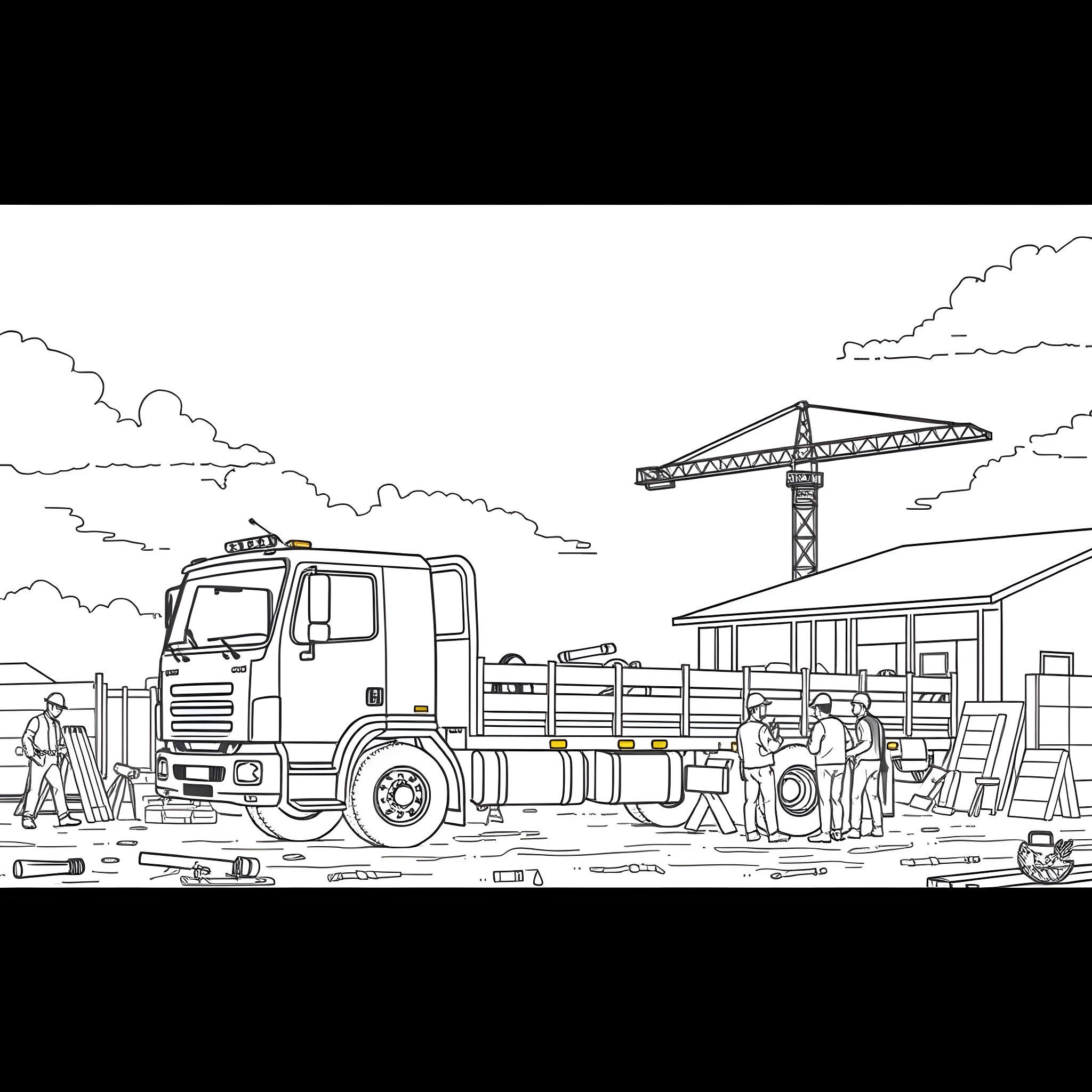 Flatbed truck delivering materials at construction site Coloring Page (free black-and-white line drawing printable PDF for all, from beginners to advanced learners, including children, teens, adults, and seniors)