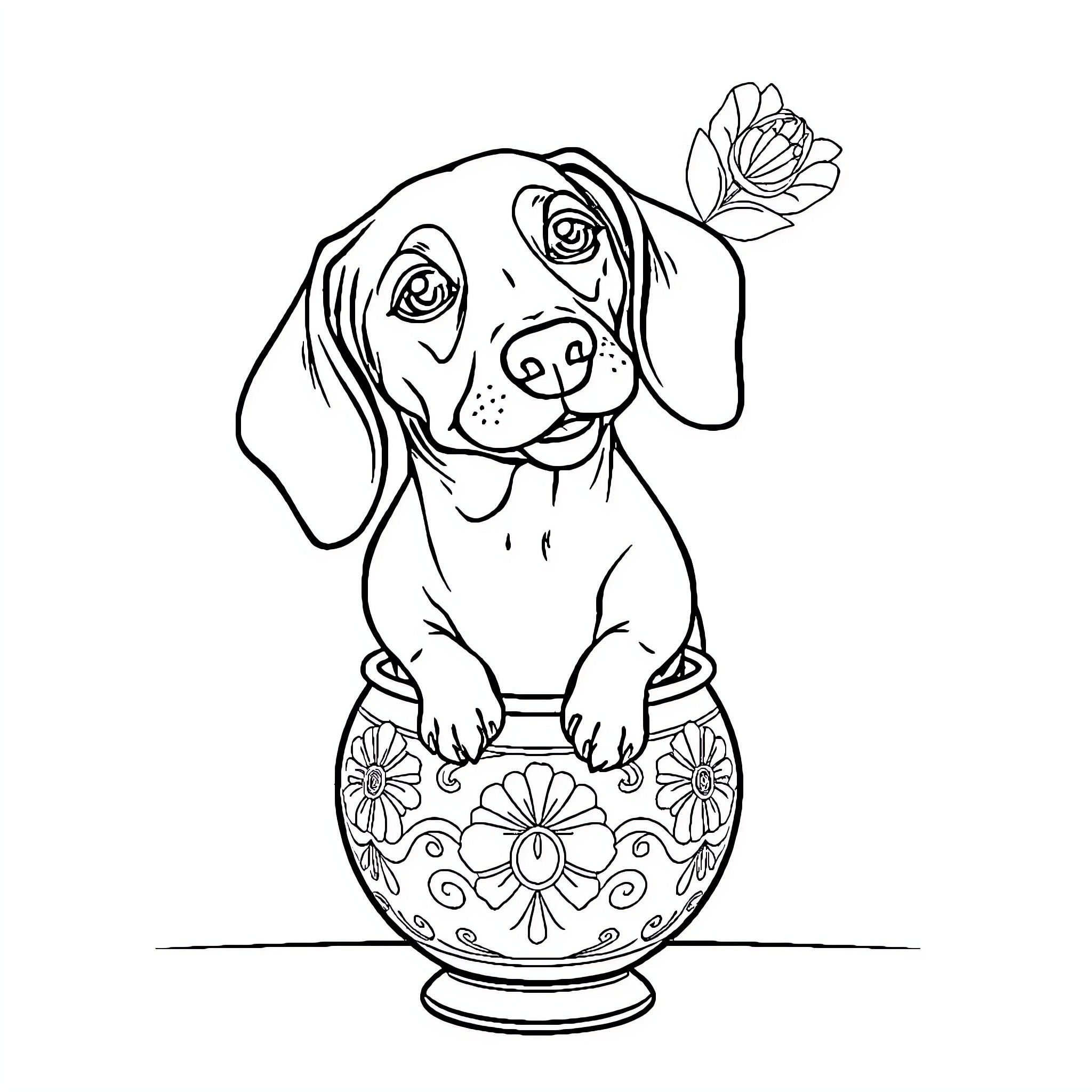 Dachshund pup playing with floral ornament Coloring Page (free black-and-white line drawing printable PDF for all, from beginners to advanced learners, including children, teens, adults, and seniors)
