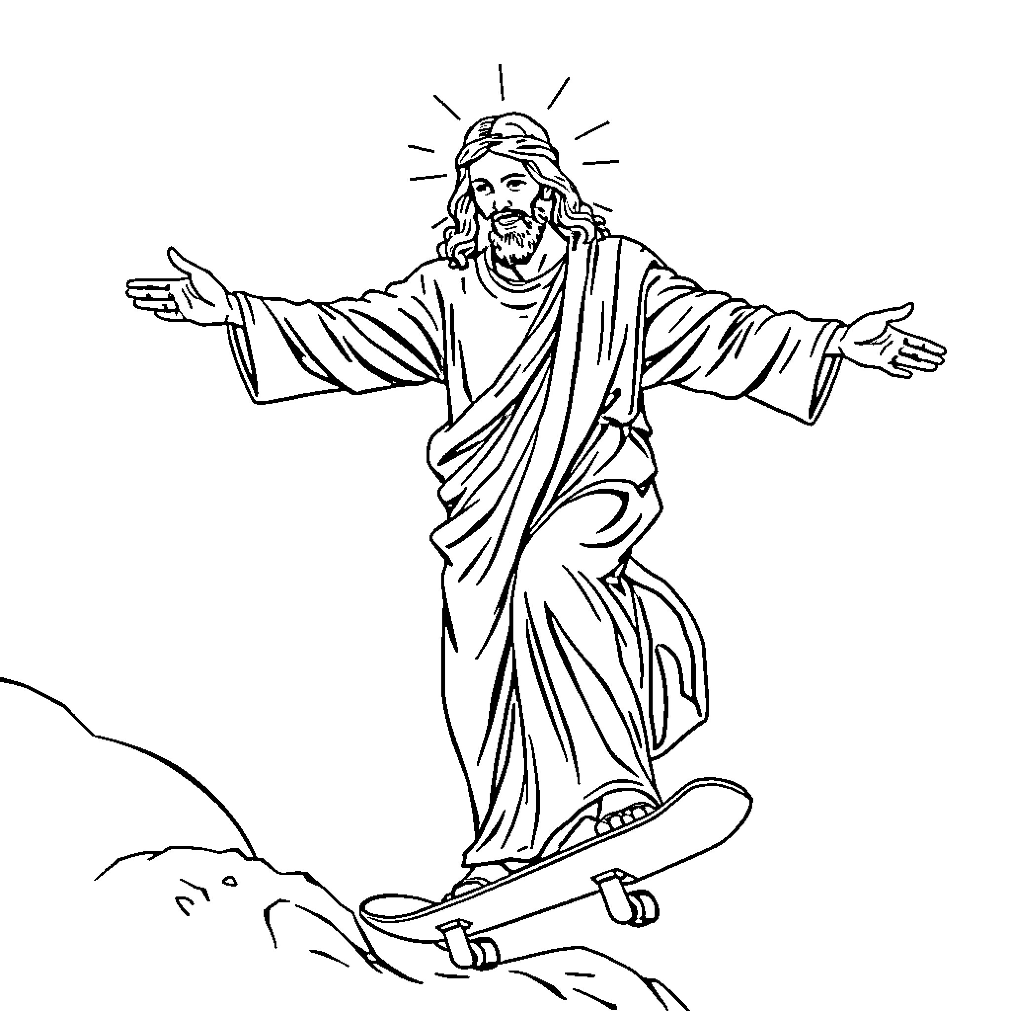 Jesucristo extending his arms with a glowing halo Coloring Page (free black-and-white line drawing printable PDF for all, from beginners to advanced learners, including children, teens, adults, and seniors)