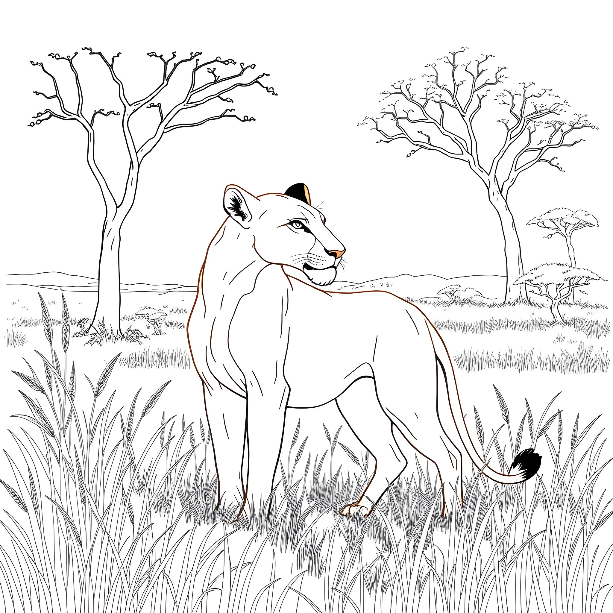 Nala the lioness in the African savanna Coloring Page (free black-and-white line drawing printable PDF for all, from beginners to advanced learners, including children, teens, adults, and seniors)