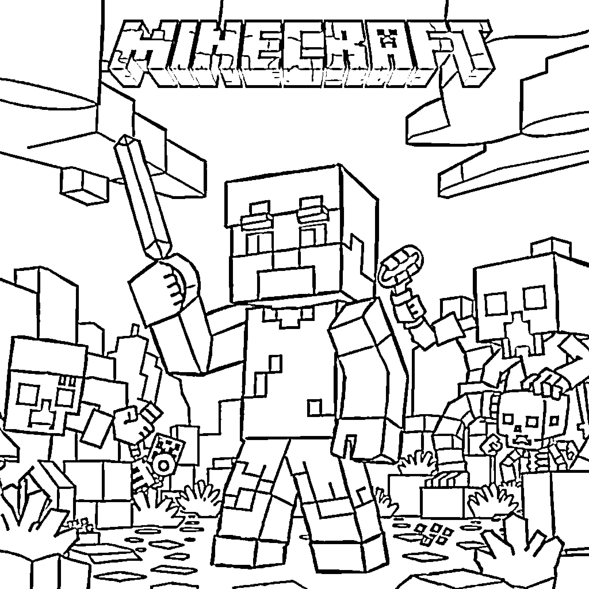 Jackson exploring the blocky Minecraft world Coloring Page (free black-and-white line drawing printable PDF for all, from beginners to advanced learners, including children, teens, adults, and seniors)