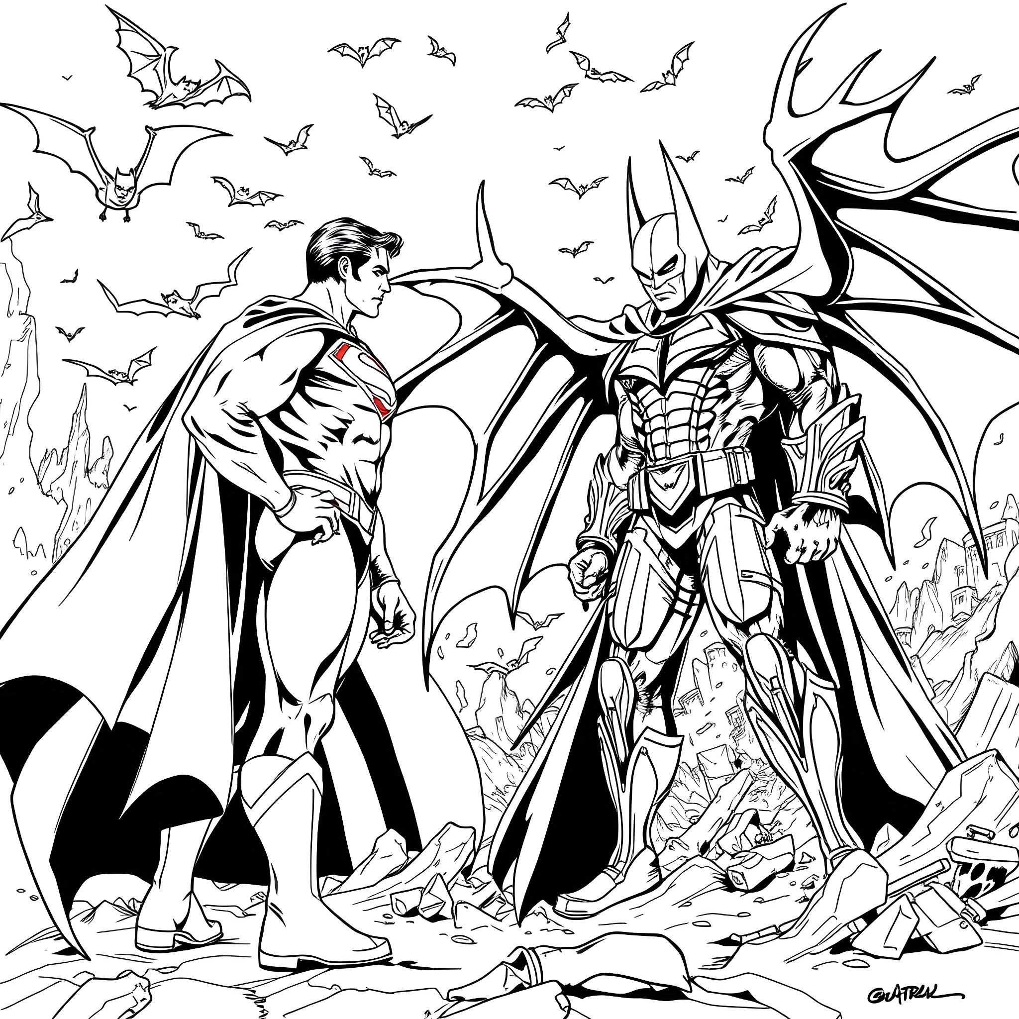 Superman and Batman facing off against villains Coloring Page (free black-and-white line drawing printable PDF for all, from beginners to advanced learners, including children, teens, adults, and seniors)