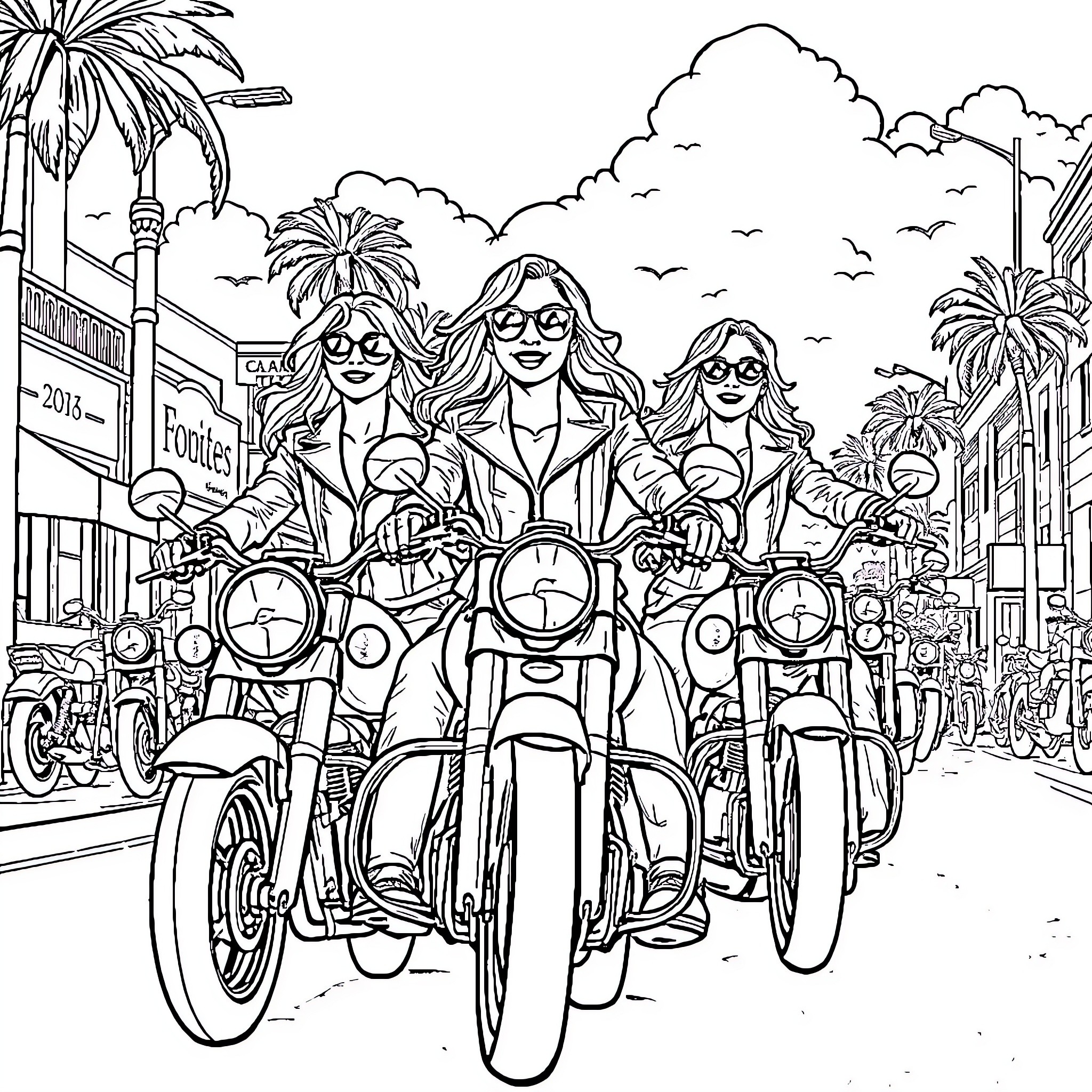 Golden Girl Pals Ride Motorcycles on City Street Coloring Page (free black-and-white line drawing printable PDF for all, from beginners to advanced learners, including children, teens, adults, and seniors)