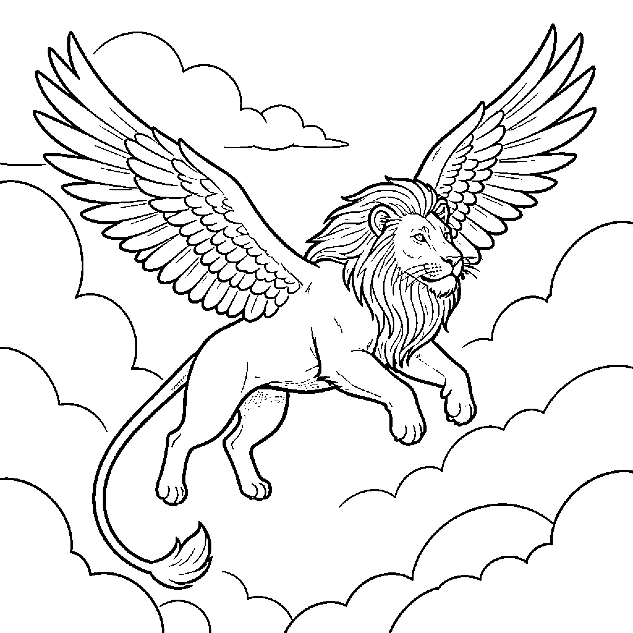 Flying Lion soaring majestically through the clouds Coloring Page (free black-and-white line drawing printable PDF for all, from beginners to advanced learners, including children, teens, adults, and seniors)