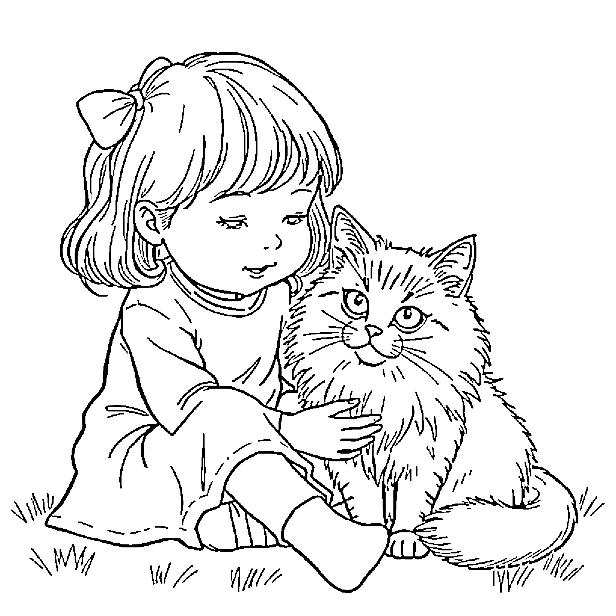 Girl playing with her pet cat outdoors Coloring Page (free black-and-white line drawing printable PDF for all, from beginners to advanced learners, including children, teens, adults, and seniors)