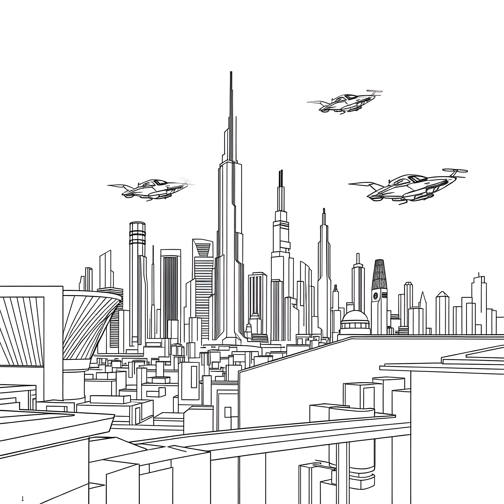 Futuristic Scene of Sci-Fi City Skyline Coloring Page (free black-and-white line drawing printable PDF for all, from beginners to advanced learners, including children, teens, adults, and seniors)