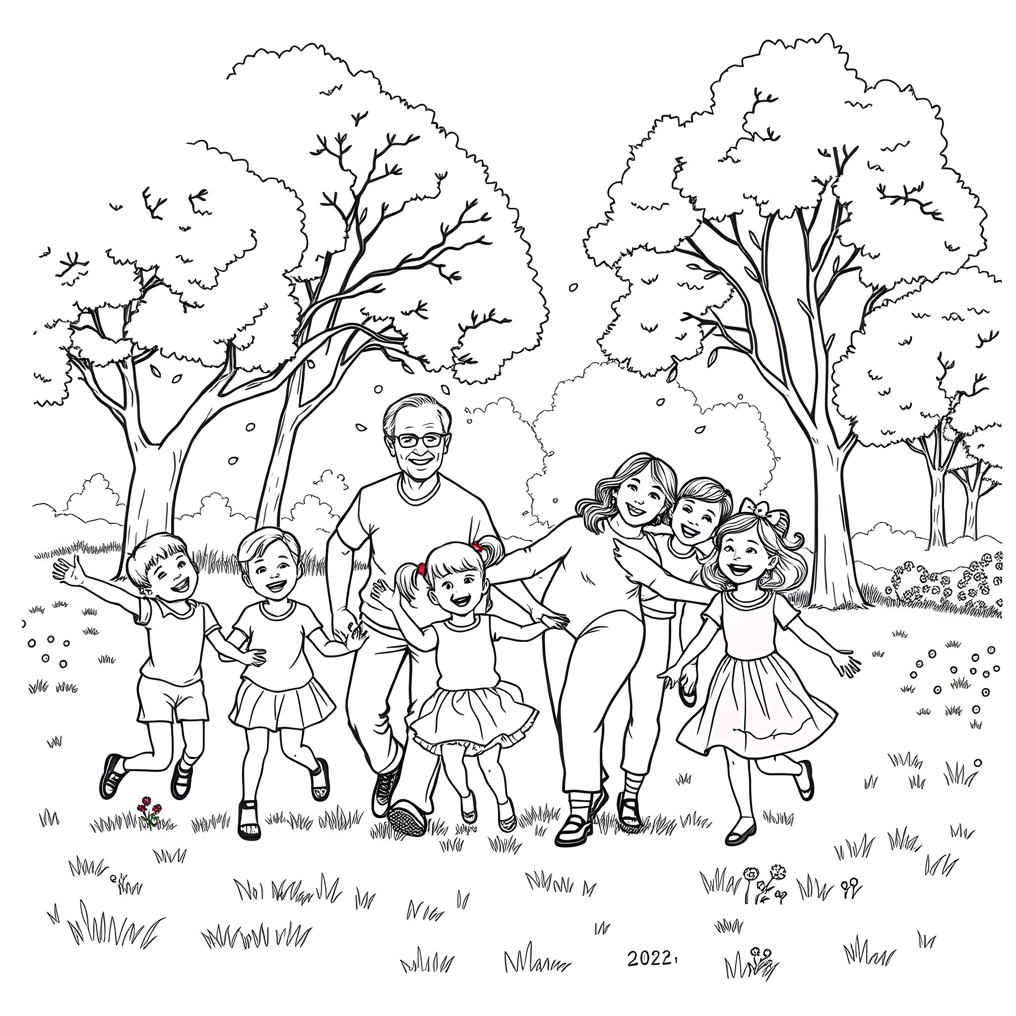 Man and Woman with Children Playing in the Park Coloring Page (free black-and-white line drawing printable PDF for all, from beginners to advanced learners, including children, teens, adults, and seniors)