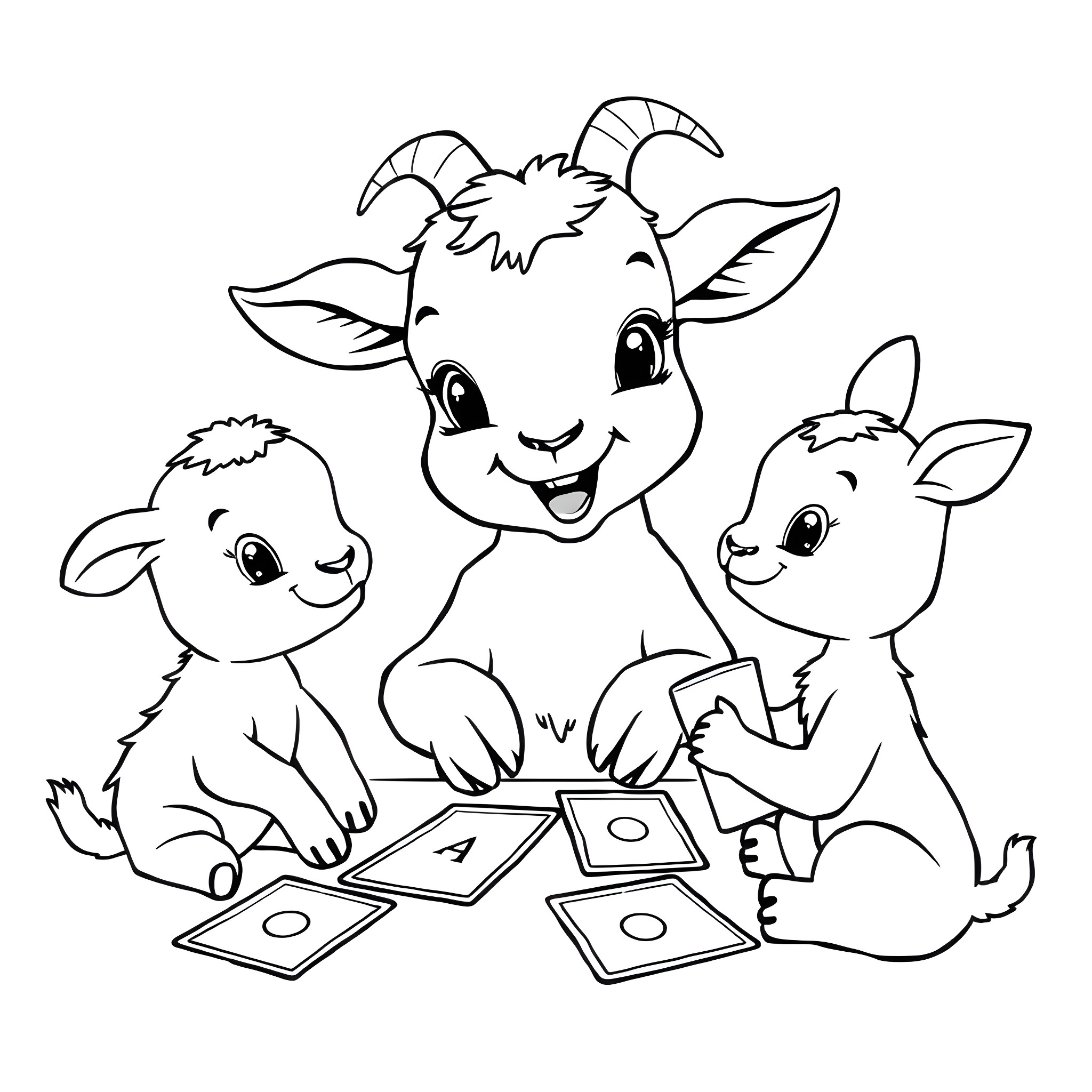 Goats playing with cards happily Coloring Page (free black-and-white line drawing printable PDF for all, from beginners to advanced learners, including children, teens, adults, and seniors)