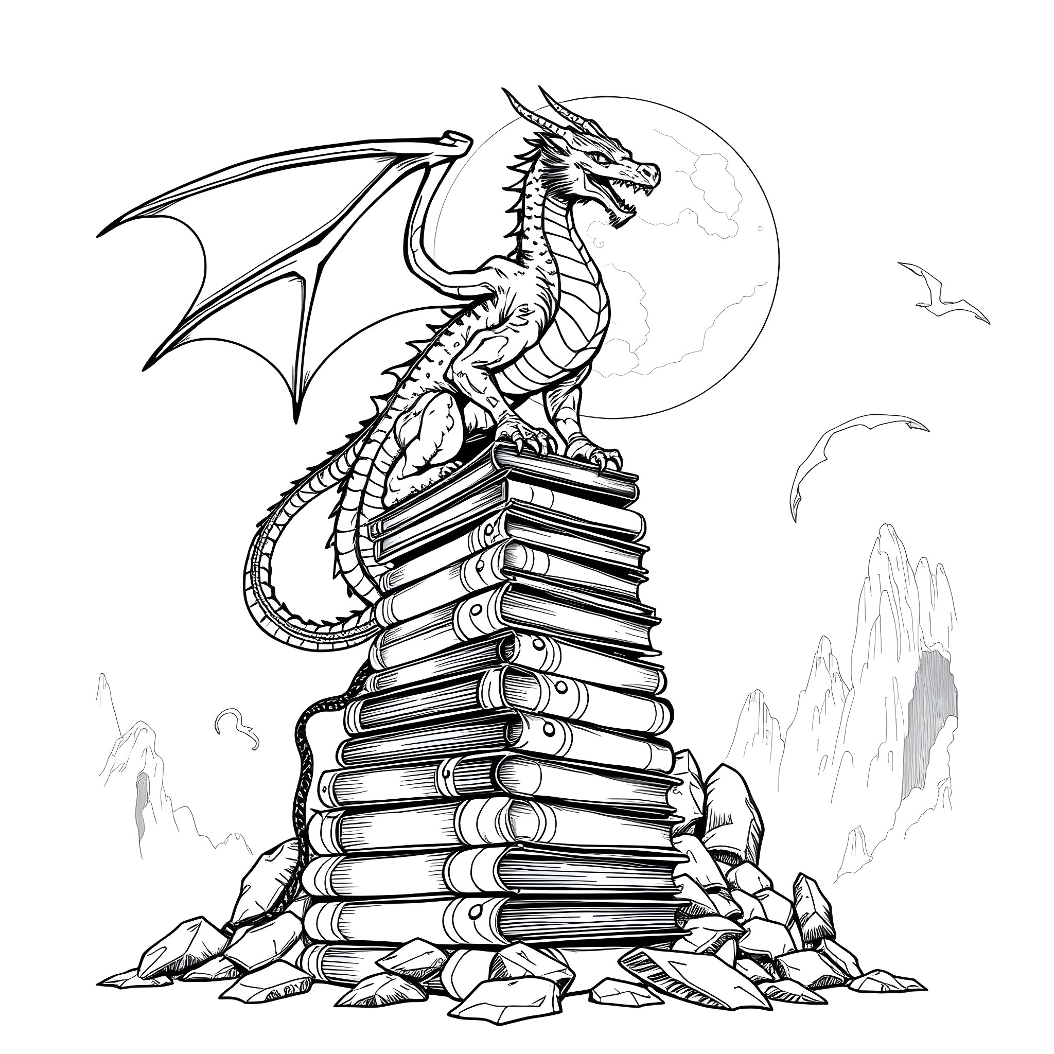 Dragon resting atop a mountain of books Coloring Page (free black-and-white line drawing printable PDF for all, from beginners to advanced learners, including children, teens, adults, and seniors)