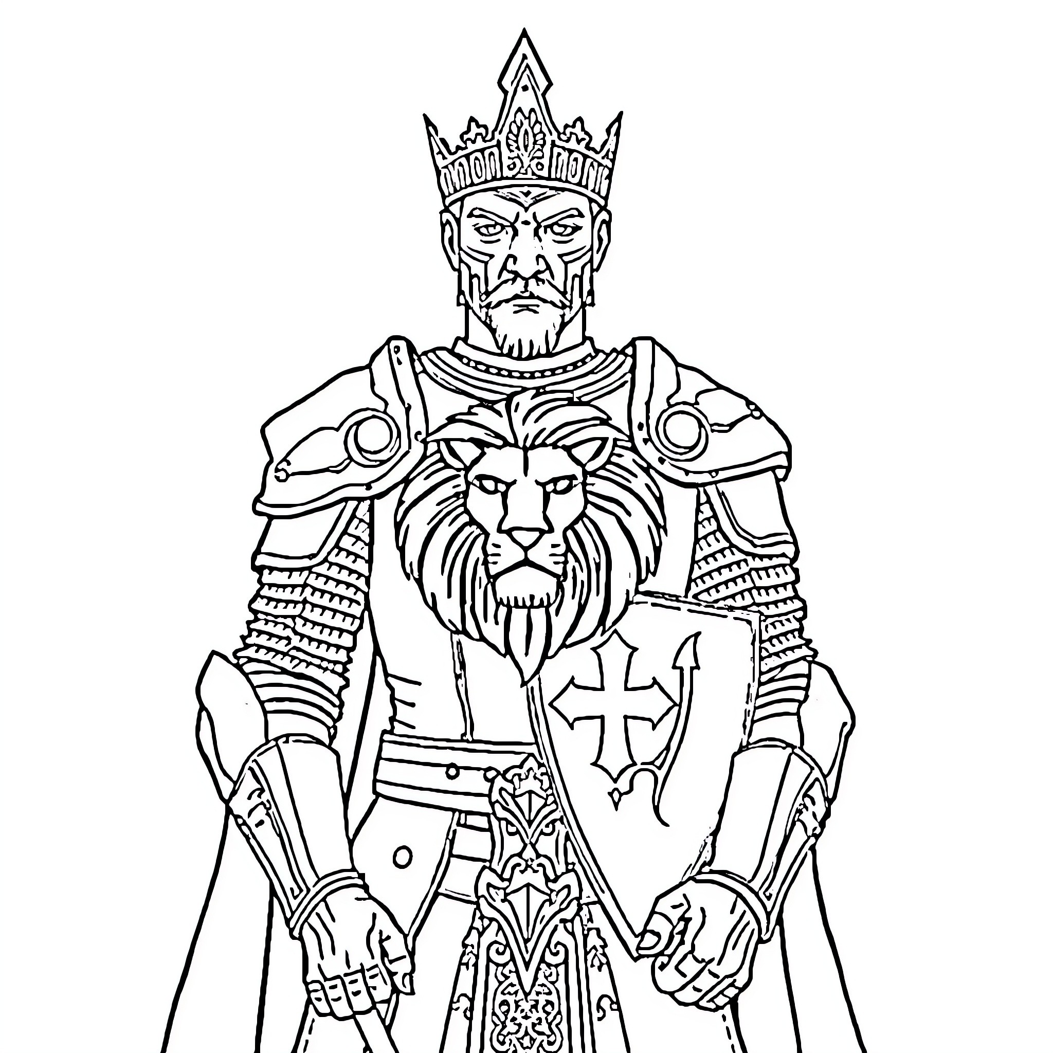 Caballero in Ceremonial Armor and Crown Coloring Page (free black-and-white line drawing printable PDF for all, from beginners to advanced learners, including children, teens, adults, and seniors)
