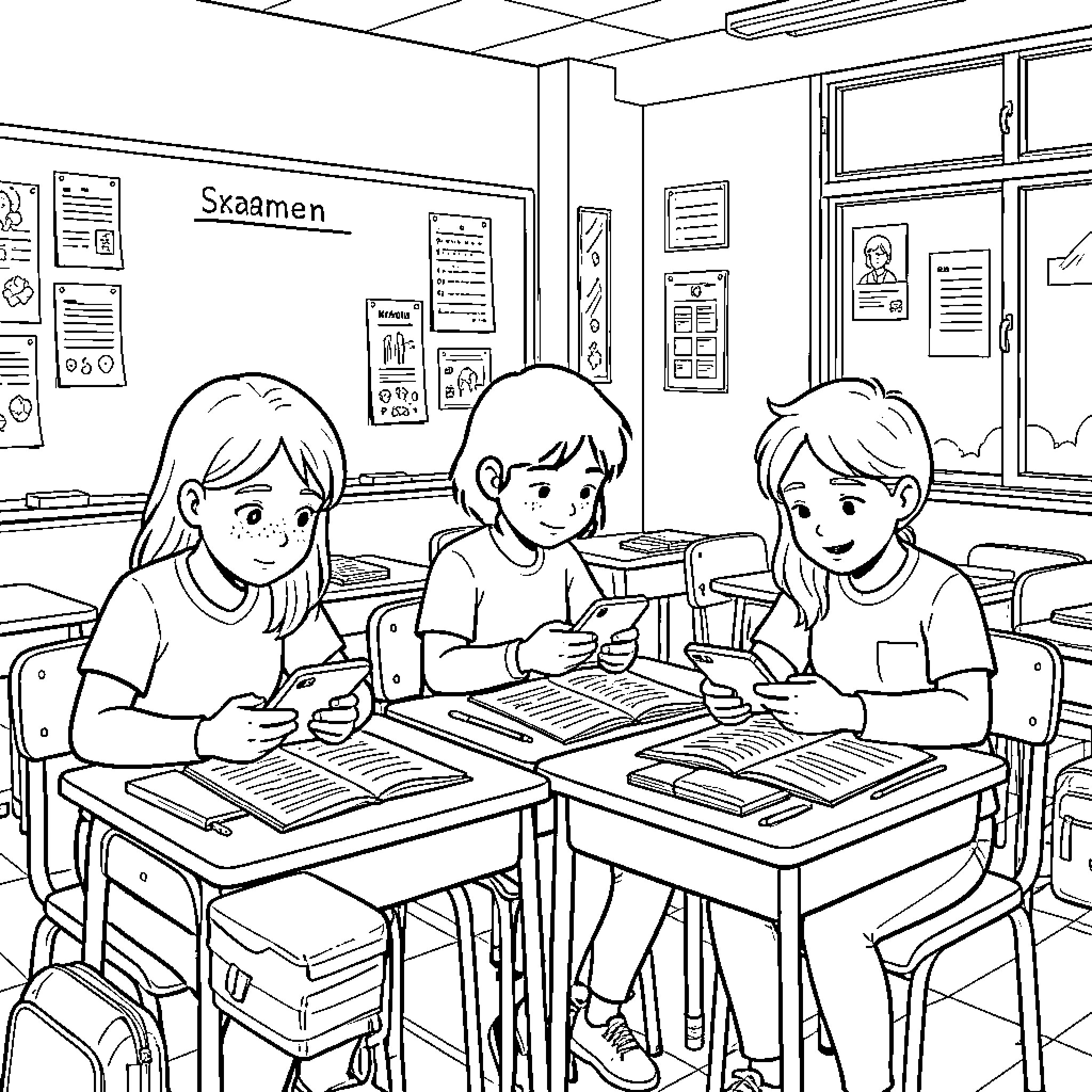 Persona of Students Studying Diligently in Classroom Coloring Page (free black-and-white line drawing printable PDF for all, from beginners to advanced learners, including children, teens, adults, and seniors)