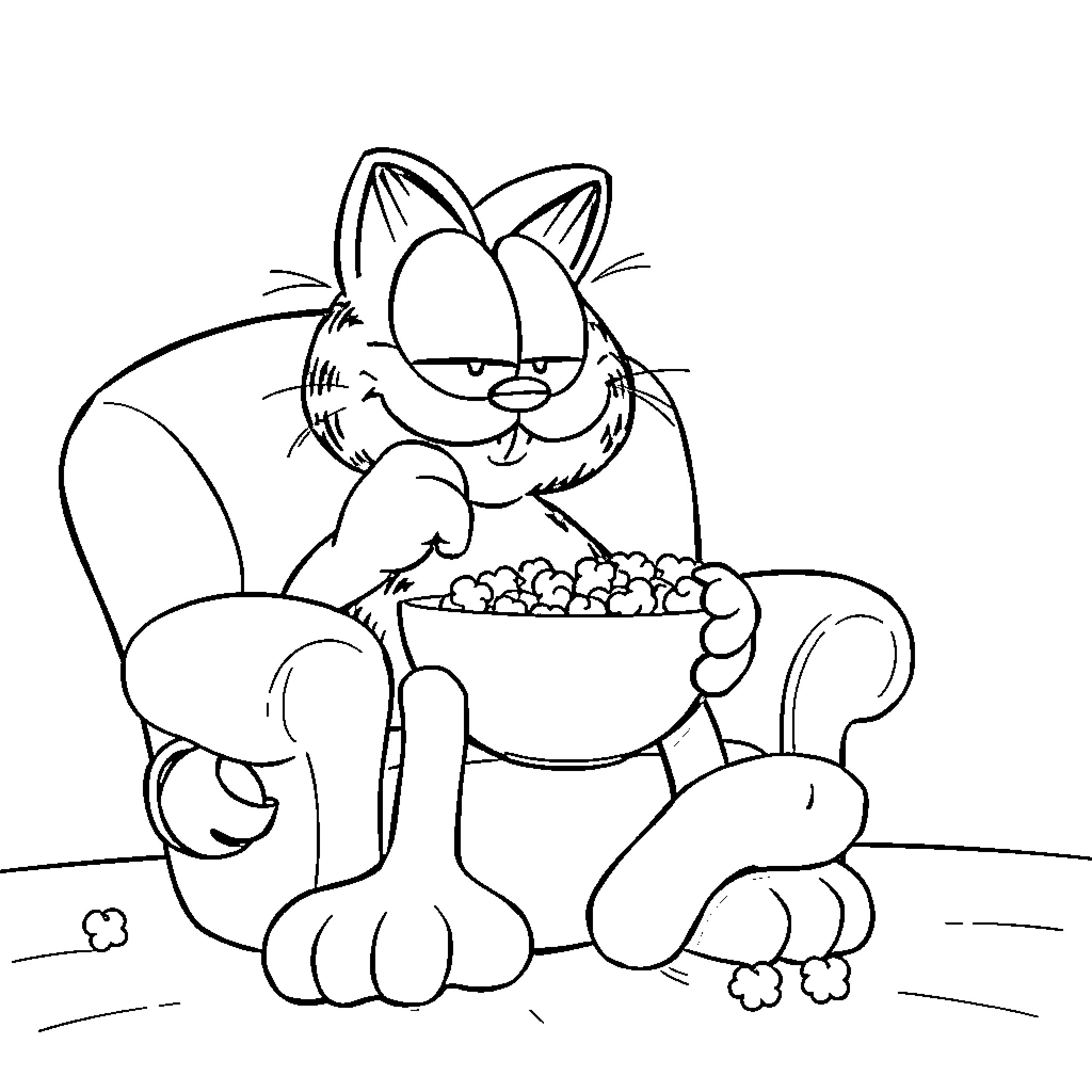 Garfield relaxing with a bowl of snacks Coloring Page (free black-and-white line drawing printable PDF for all, from beginners to advanced learners, including children, teens, adults, and seniors)