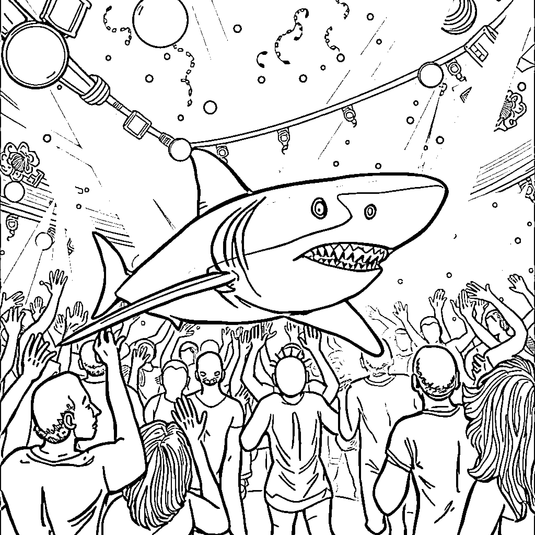 Shark swimming among excited spectators Coloring Page (free black-and-white line drawing printable PDF for all, from beginners to advanced learners, including children, teens, adults, and seniors)