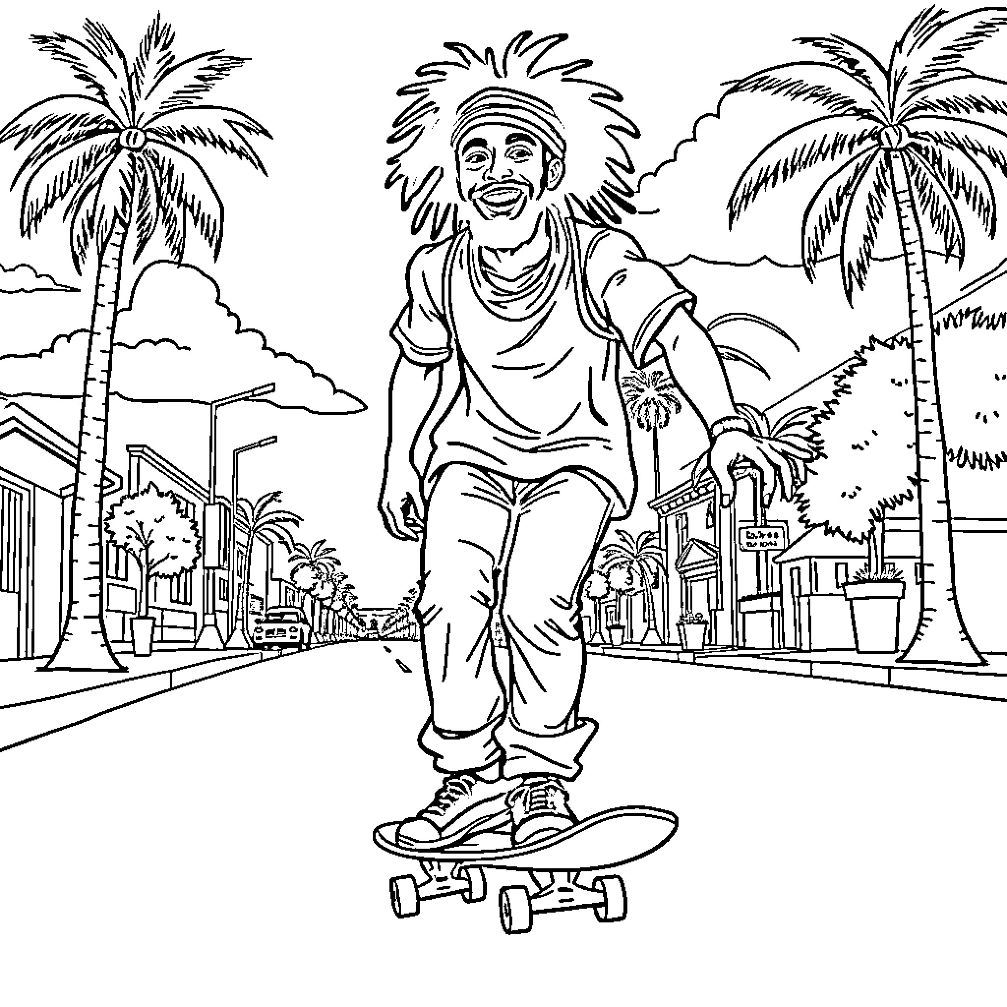 Rasta Man enjoying skateboard ride in tropical town Coloring Page (free black-and-white line drawing printable PDF for all, from beginners to advanced learners, including children, teens, adults, and seniors)