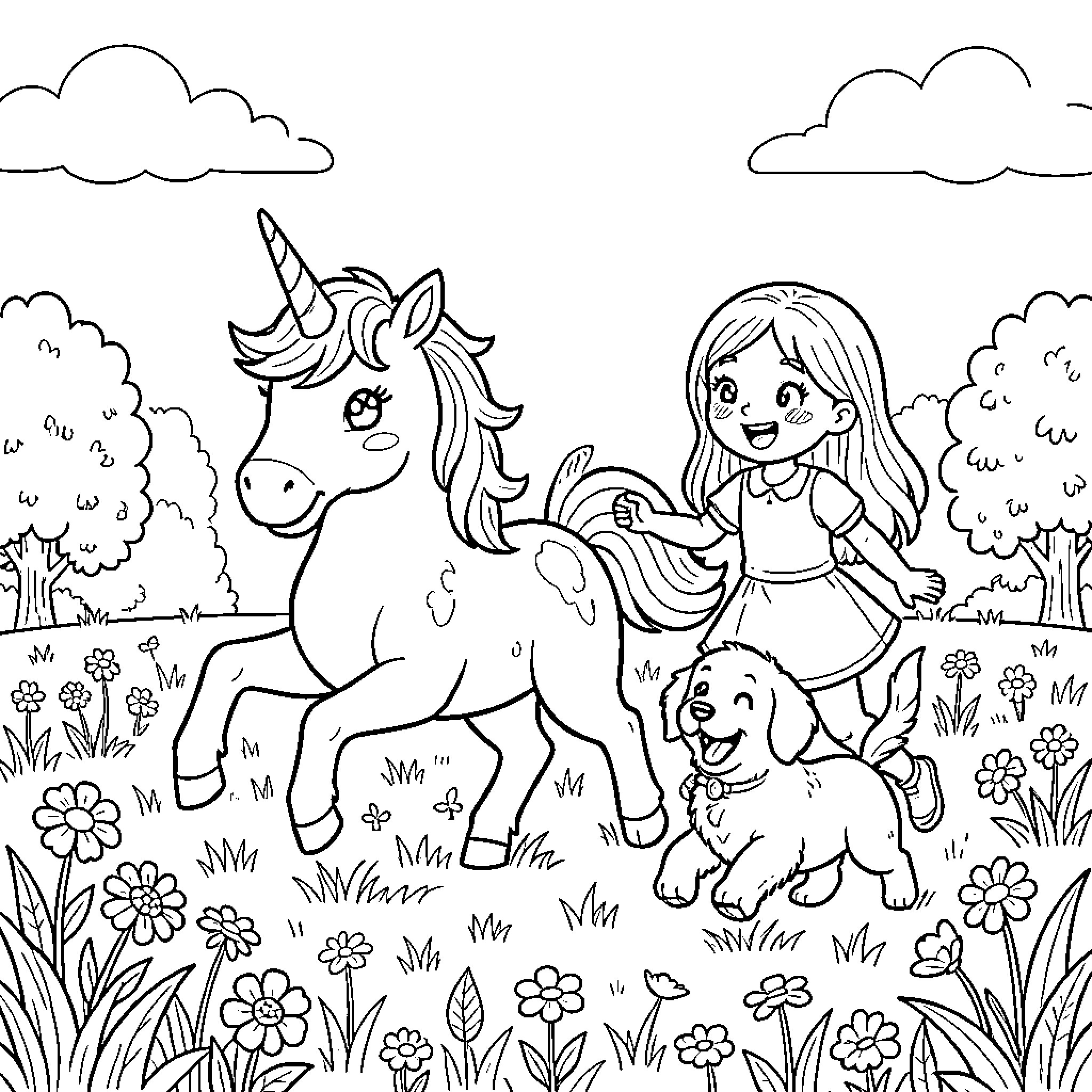 Unicorn and girl exploring the enchanted forest Coloring Page (free black-and-white line drawing printable PDF for all, from beginners to advanced learners, including children, teens, adults, and seniors)