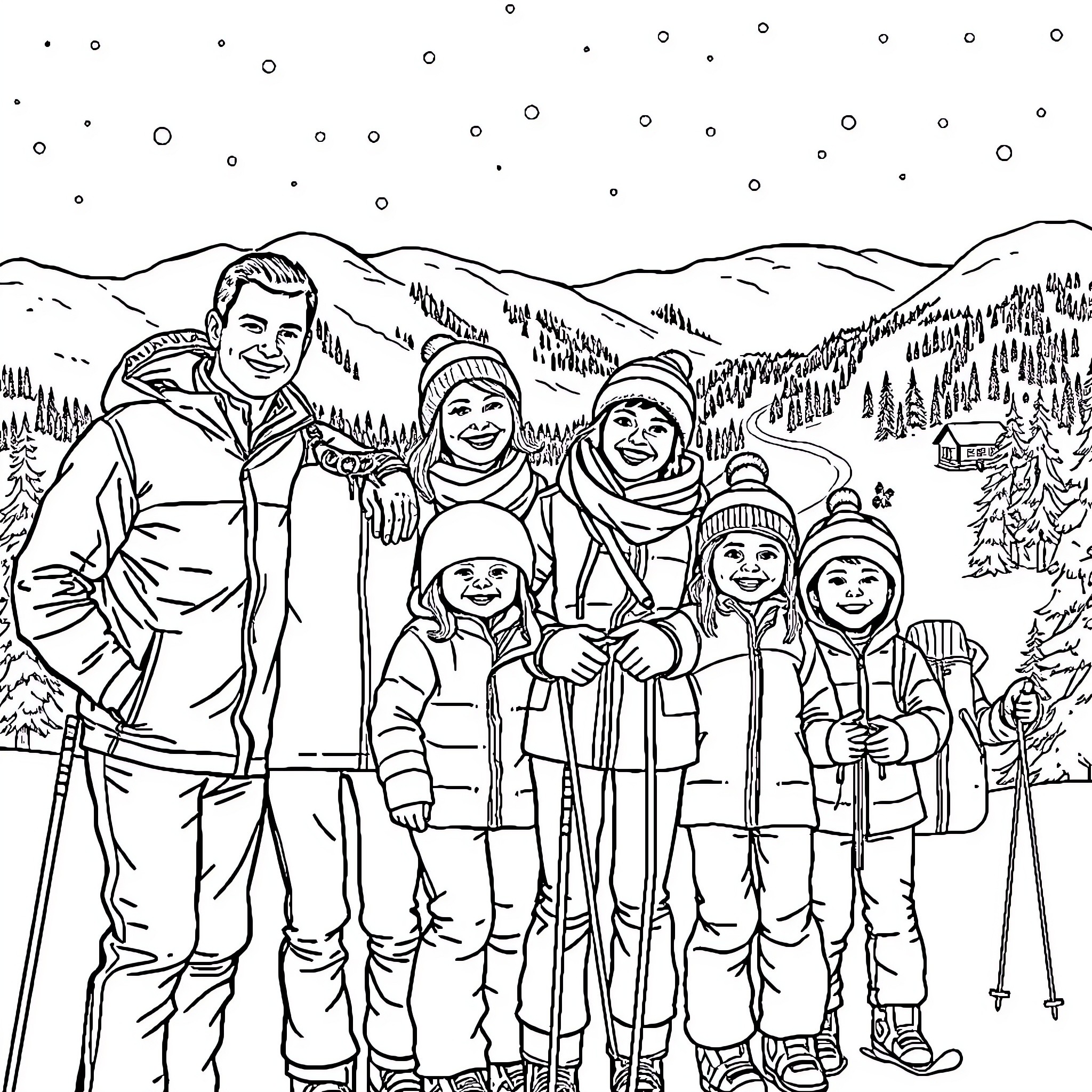 Family enjoying outdoor winter activities in the mountains Coloring Page (free black-and-white line drawing printable PDF for all, from beginners to advanced learners, including children, teens, adults, and seniors)