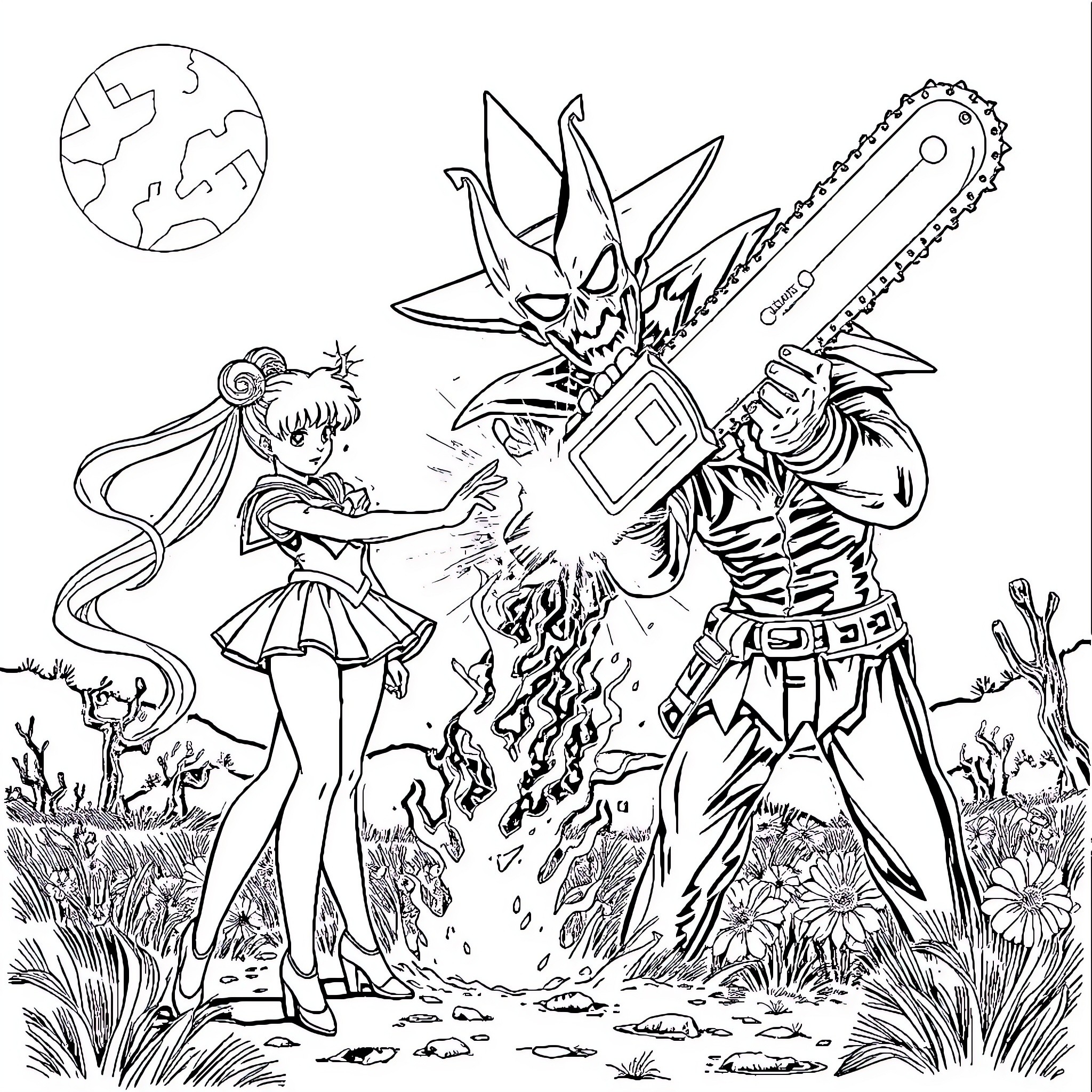 Sailor Moon confronting a powerful foe in an epic battle Coloring Page (free black-and-white line drawing printable PDF for all, from beginners to advanced learners, including children, teens, adults, and seniors)