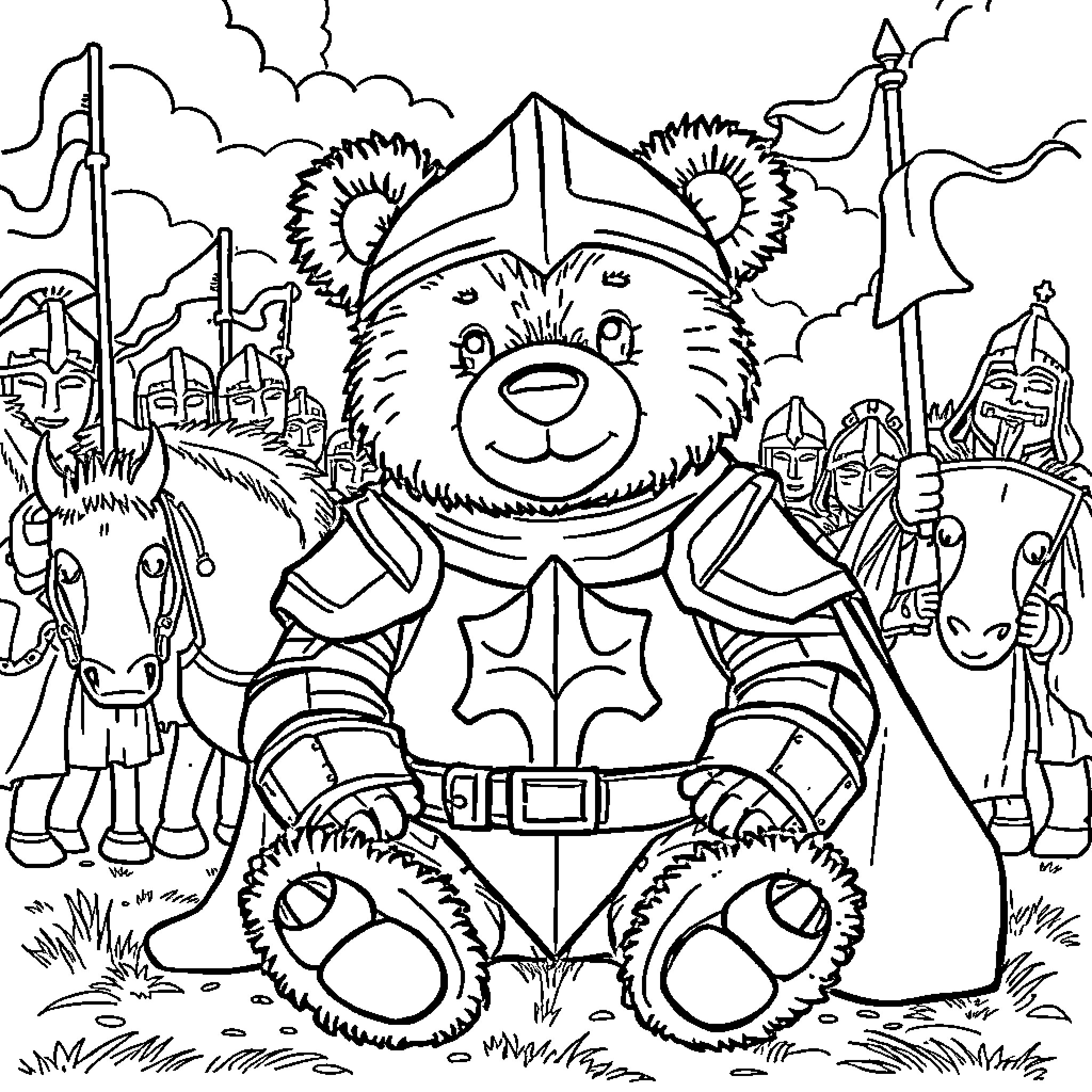 Teddy Bear Warrior leading an army Coloring Page (free black-and-white line drawing printable PDF for all, from beginners to advanced learners, including children, teens, adults, and seniors)