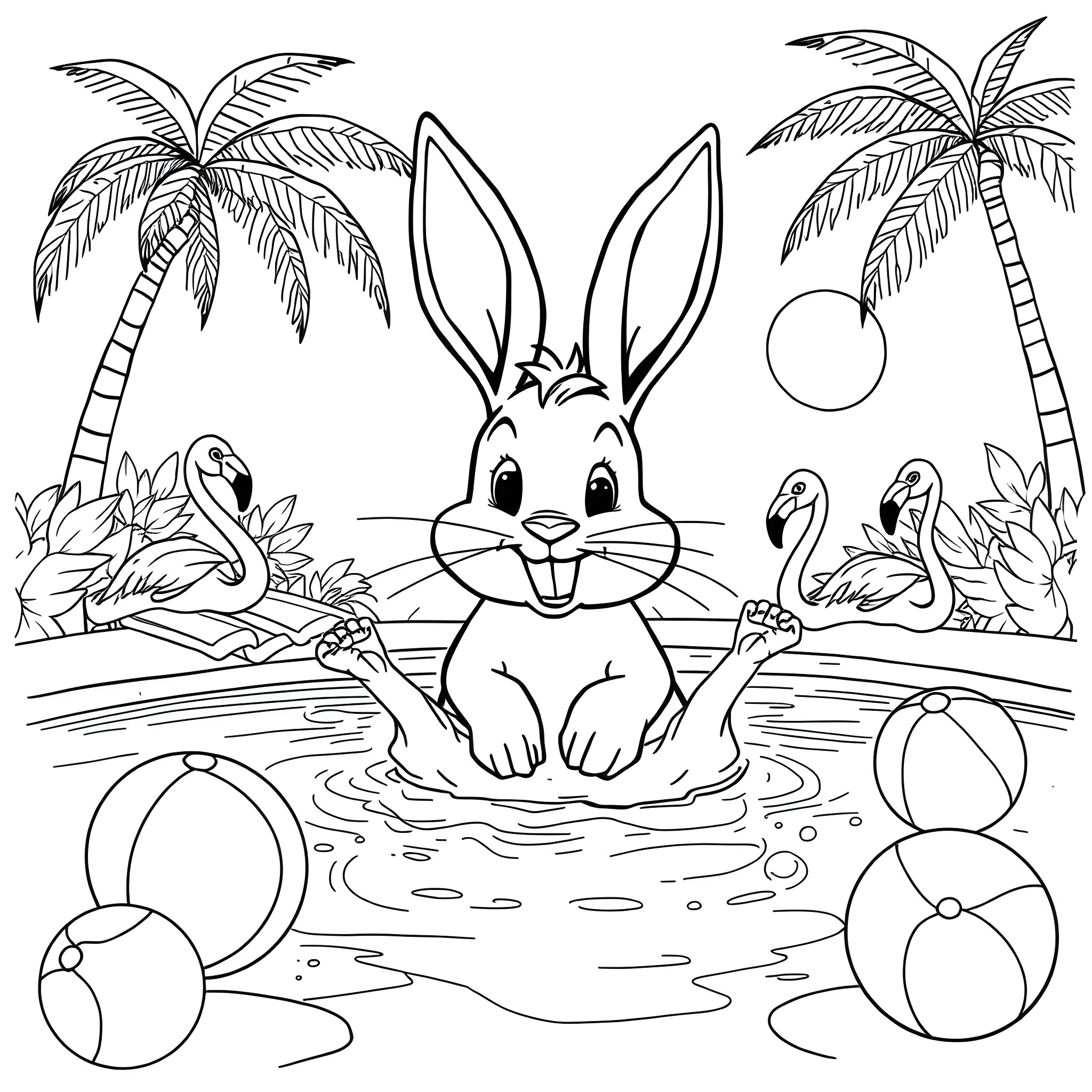 Bad Bunny enjoying the tropical beach Coloring Page (free black-and-white line drawing printable PDF for all, from beginners to advanced learners, including children, teens, adults, and seniors)