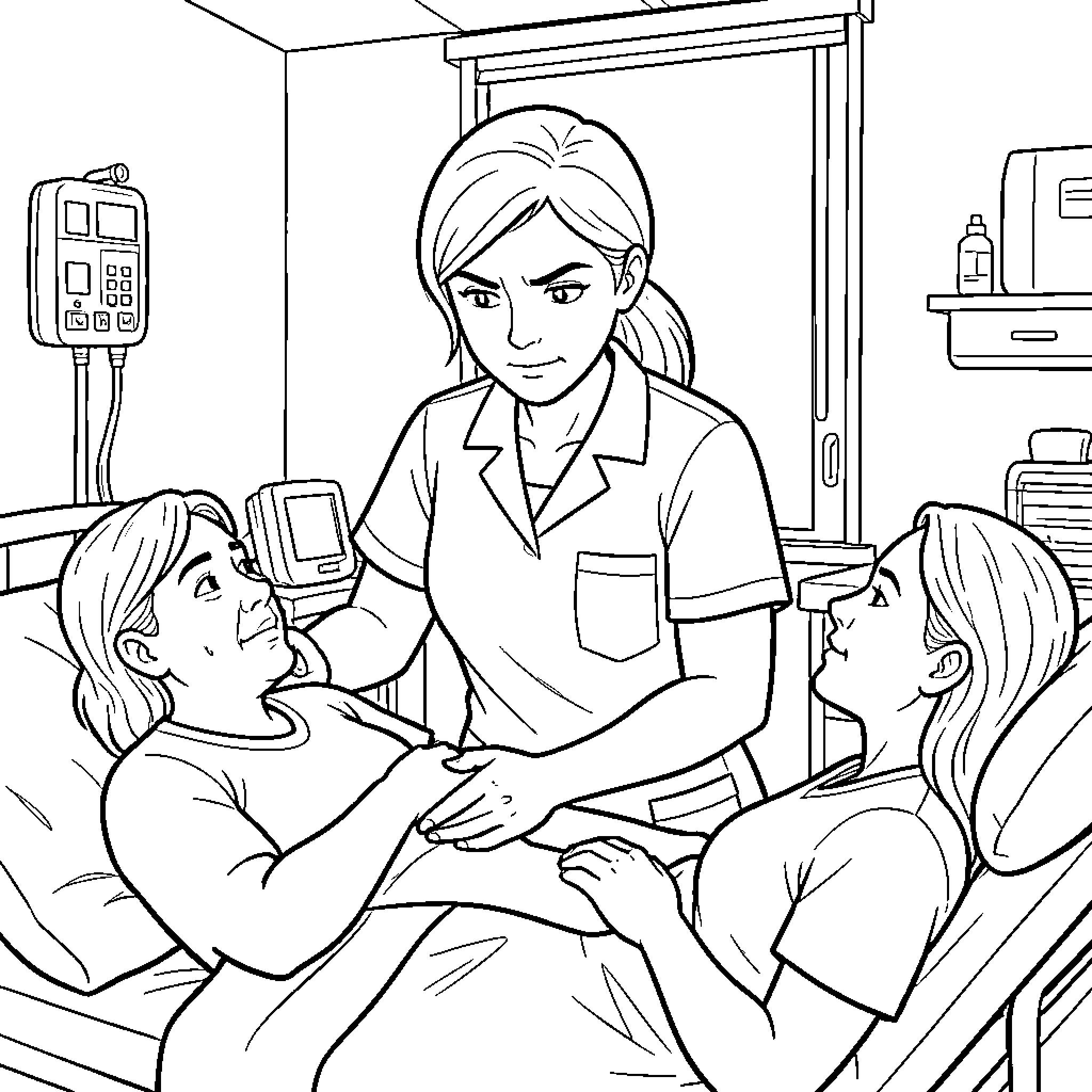 Isabel Zendal Assisting Patients in a Medical Setting Coloring Page (free black-and-white line drawing printable PDF for all, from beginners to advanced learners, including children, teens, adults, and seniors)