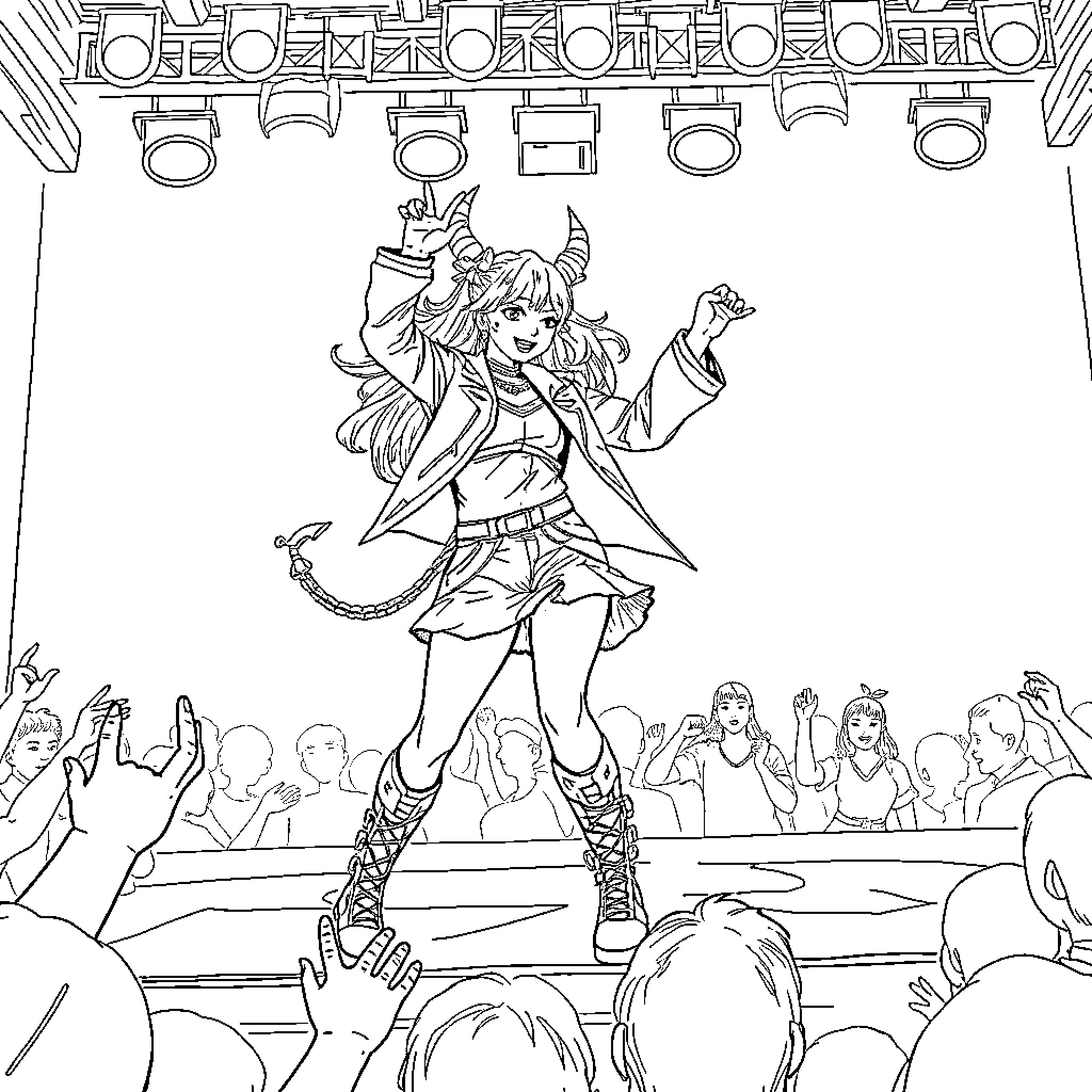 Rumi's Lively Stage Performance Coloring Page (free black-and-white line drawing printable PDF for all, from beginners to advanced learners, including children, teens, adults, and seniors)