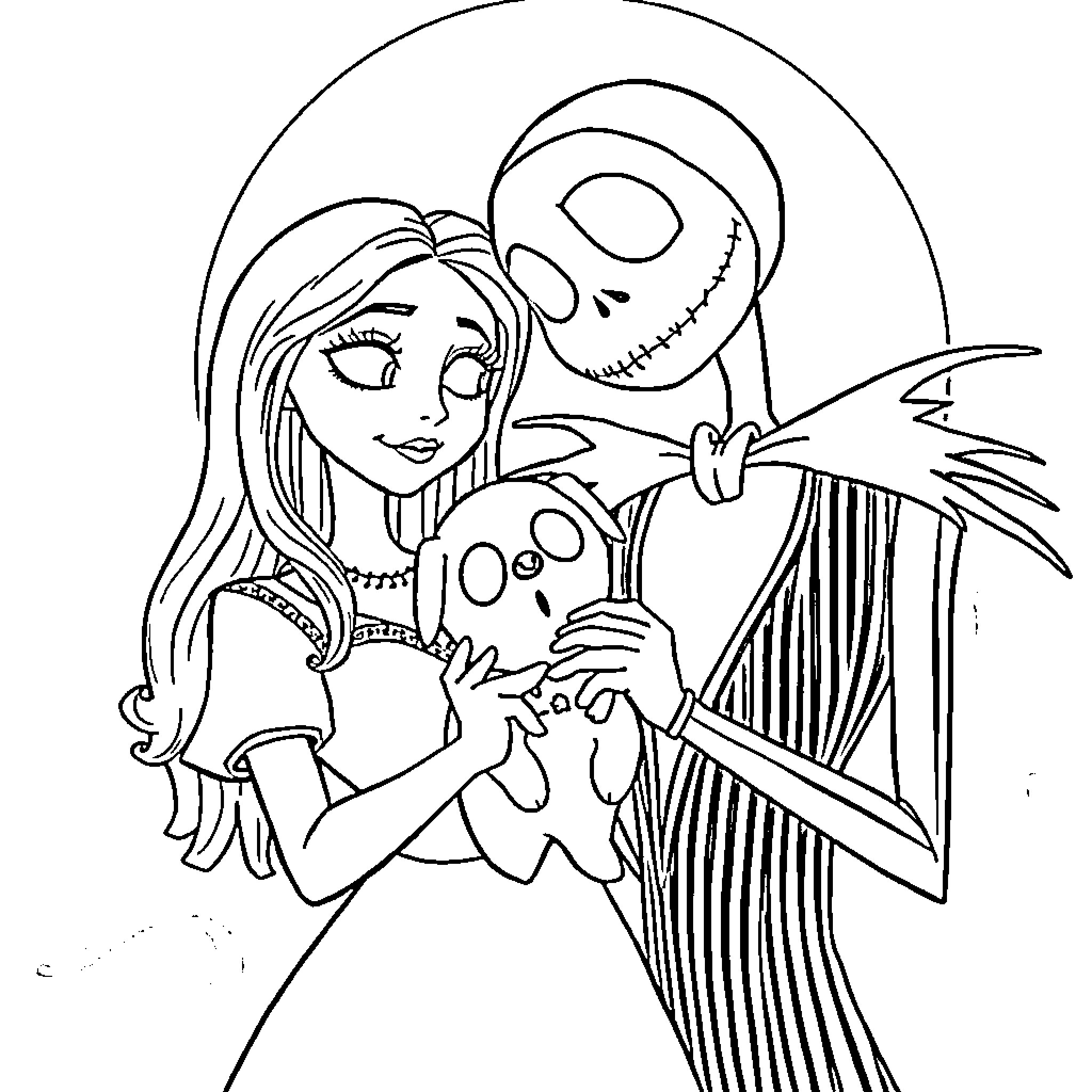 Sally and Jack's Whimsical Embrace Coloring Page (free black-and-white line drawing printable PDF for all, from beginners to advanced learners, including children, teens, adults, and seniors)