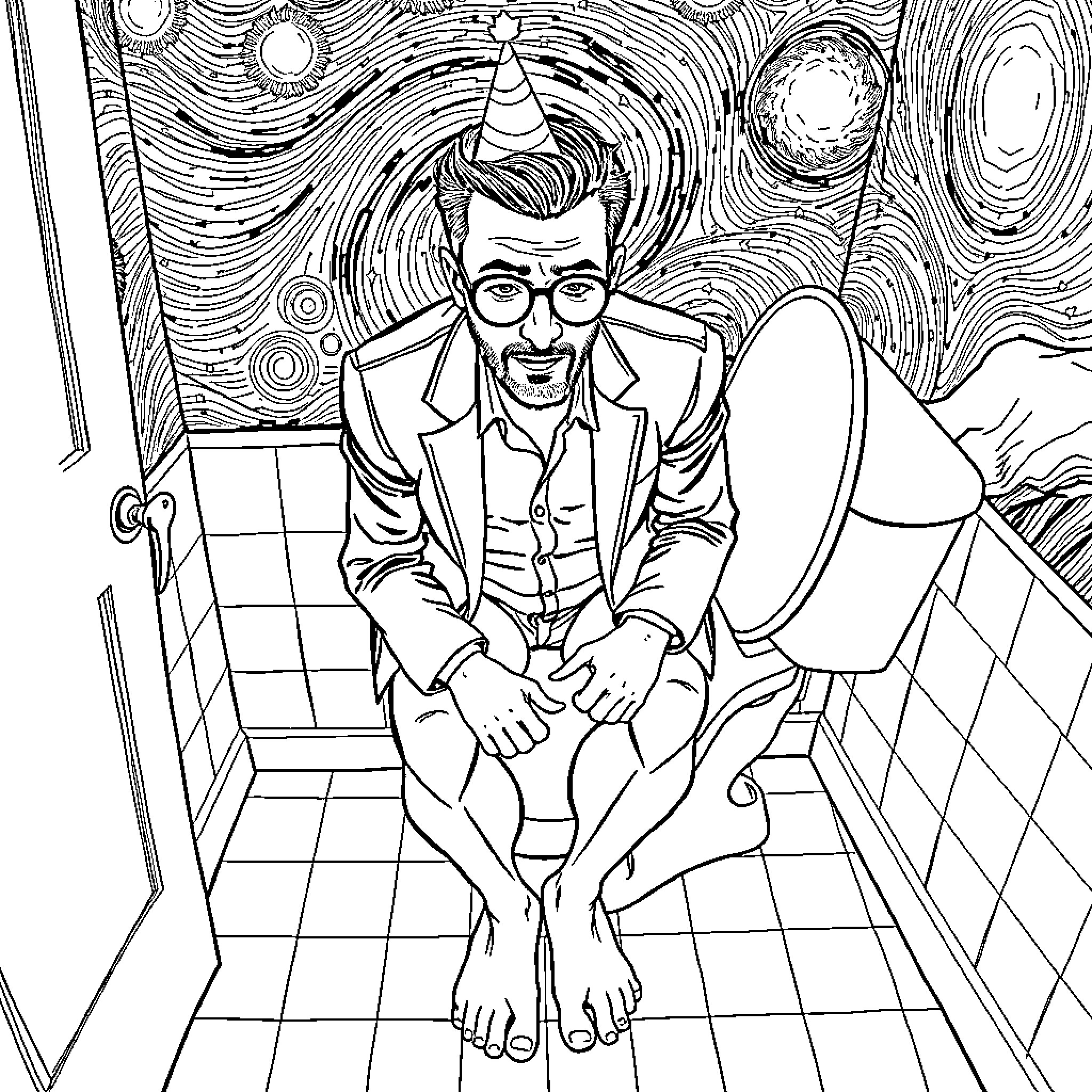 Man in a surreal, psychedelic bathroom scene Coloring Page (free black-and-white line drawing printable PDF for all, from beginners to advanced learners, including children, teens, adults, and seniors)