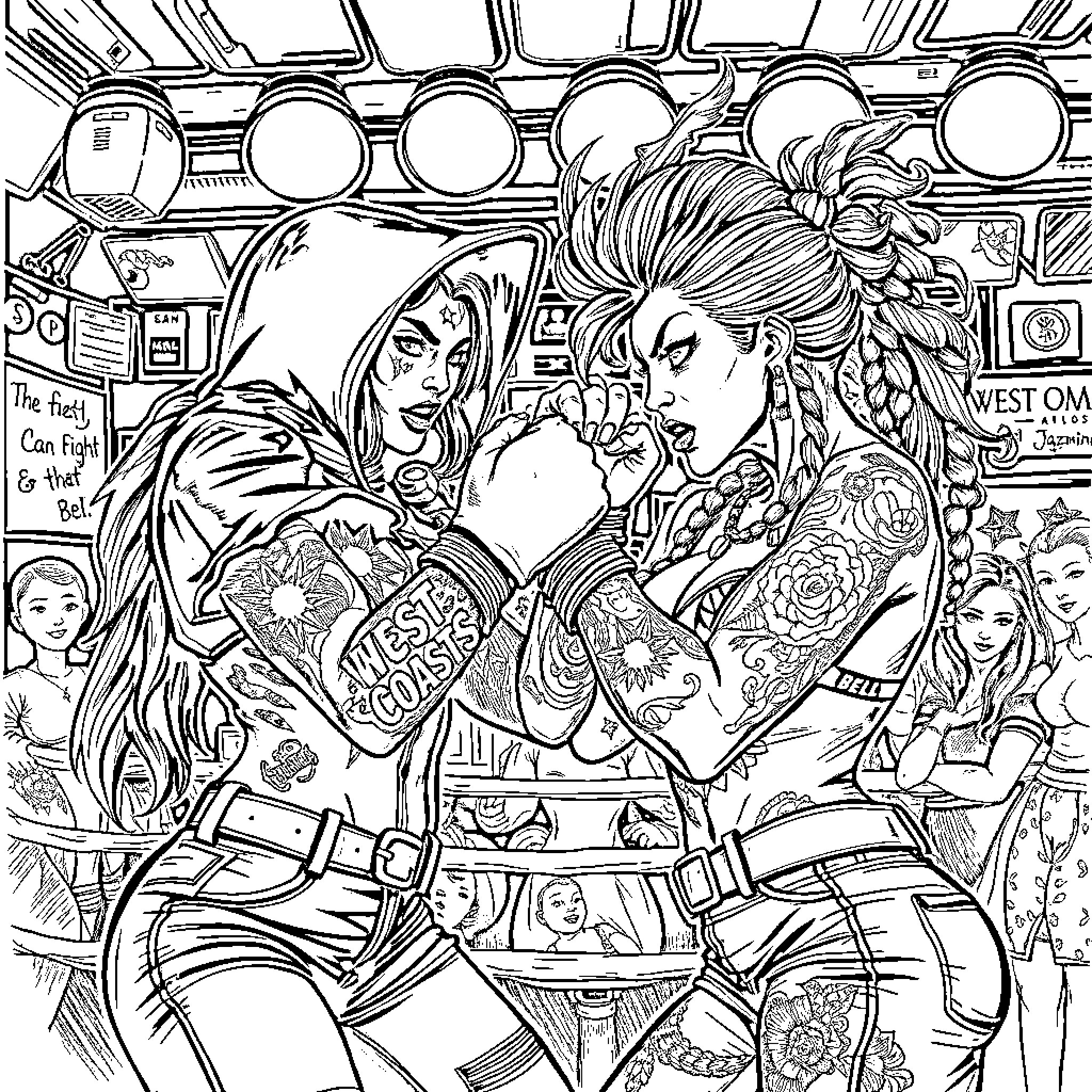Bell Ringer Punk Rockers in Colorful Outfits Coloring Page (free black-and-white line drawing printable PDF for all, from beginners to advanced learners, including children, teens, adults, and seniors)