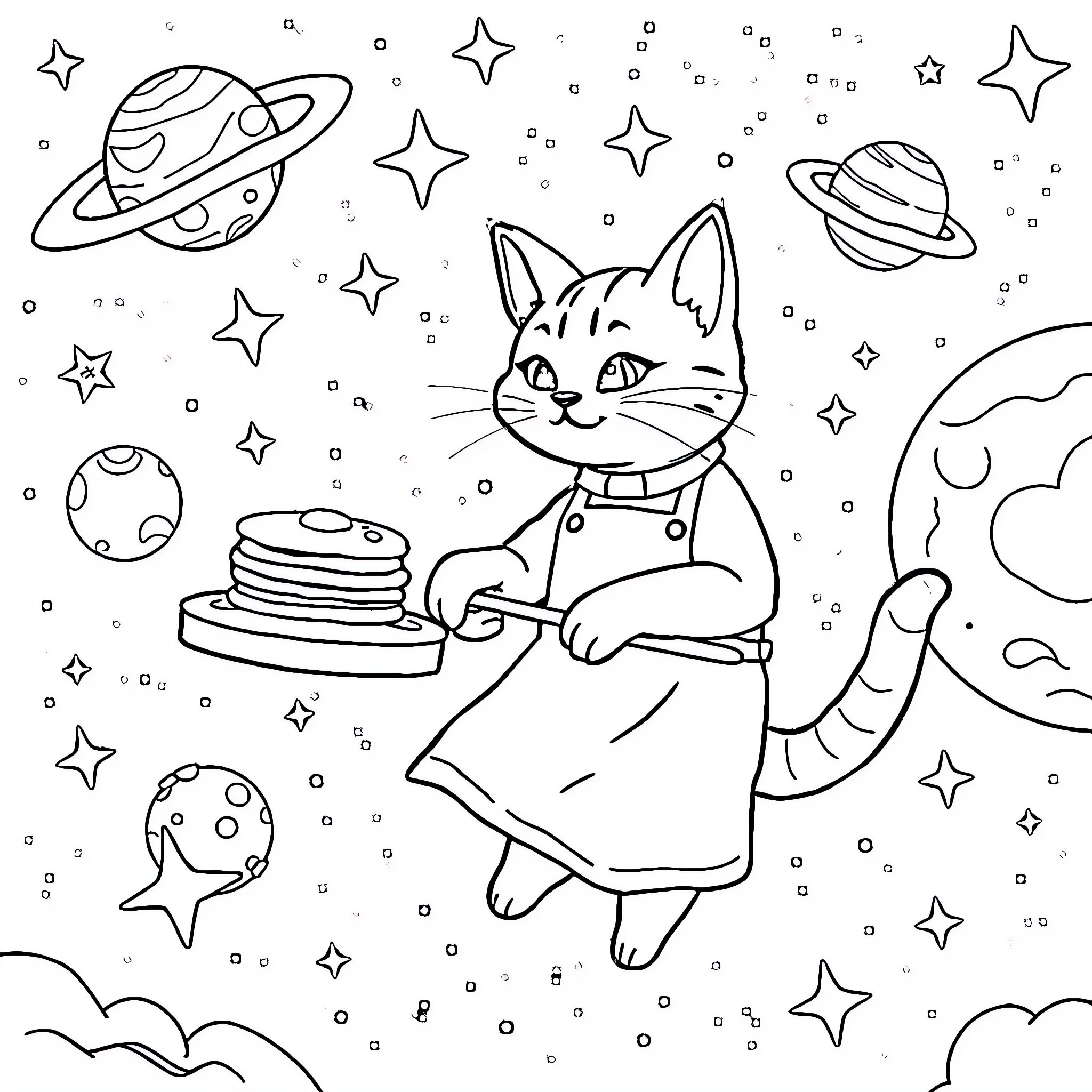 Cat exploring the cosmic galaxy Coloring Page (free black-and-white line drawing printable PDF for all, from beginners to advanced learners, including children, teens, adults, and seniors)